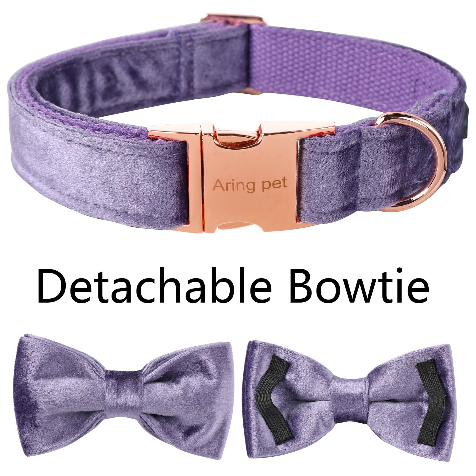 ARING PET Bowtie Dog Collar-Velvet Dog Collars with Removable Bowtie, Cute &Comfortable Purple Dog Collar,X-Small.