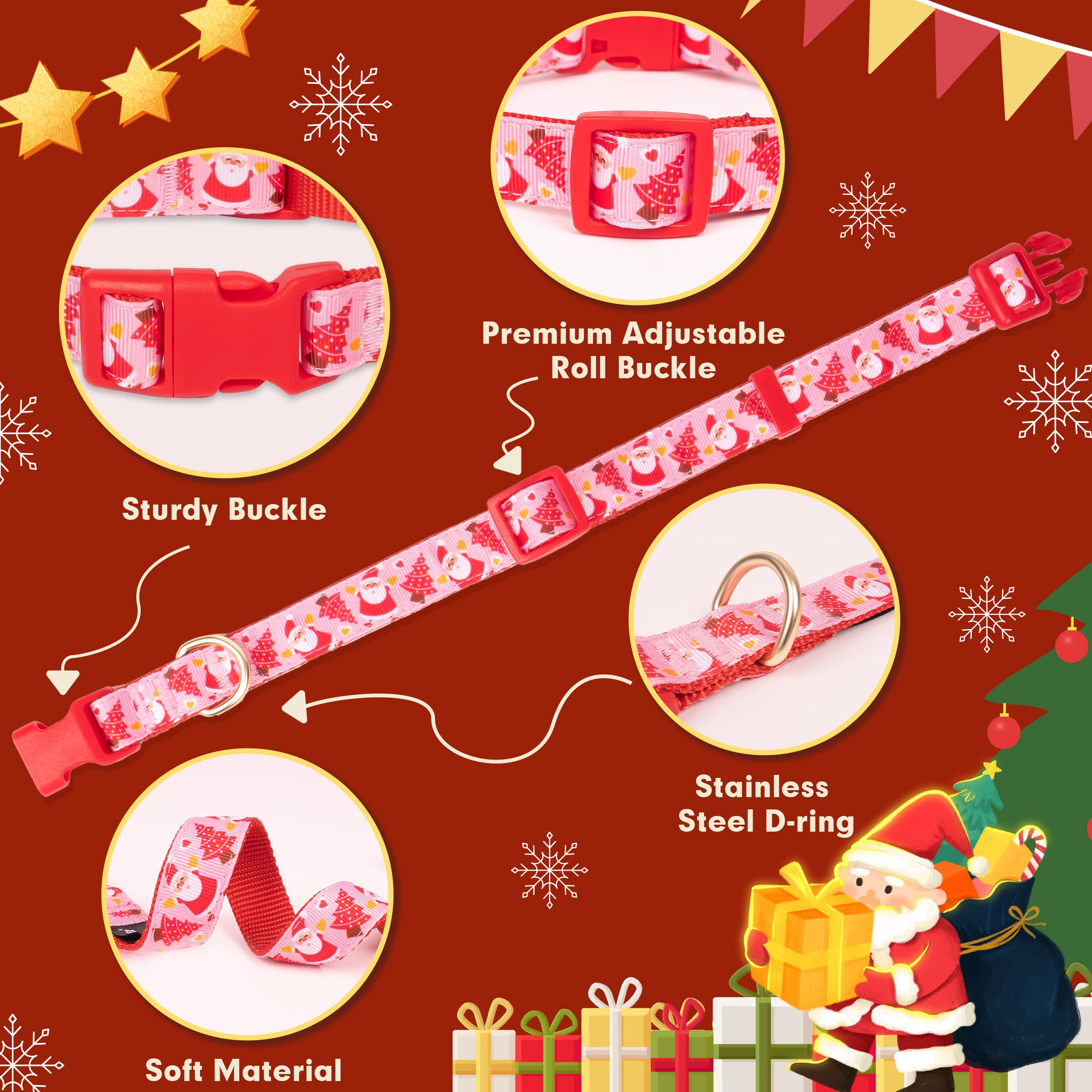 Azuza Christmas Dog Collar With Santa Print, Removable Red & Green Bowtie, Adjustable For Small Dogs