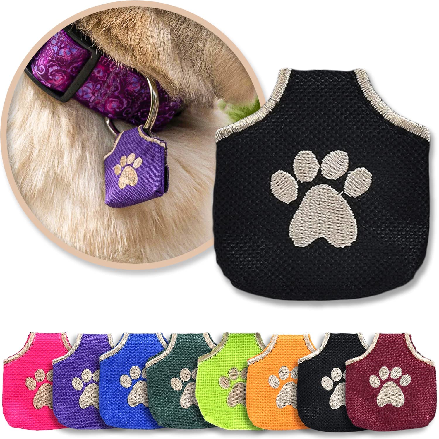 Woofhoof Dog Tag Silencer, Black Pawprint - Quiet Noisy Pet Tags - Fits Up to Four Pet IDs - Dog Tag Cover Protects Metal Pet ID