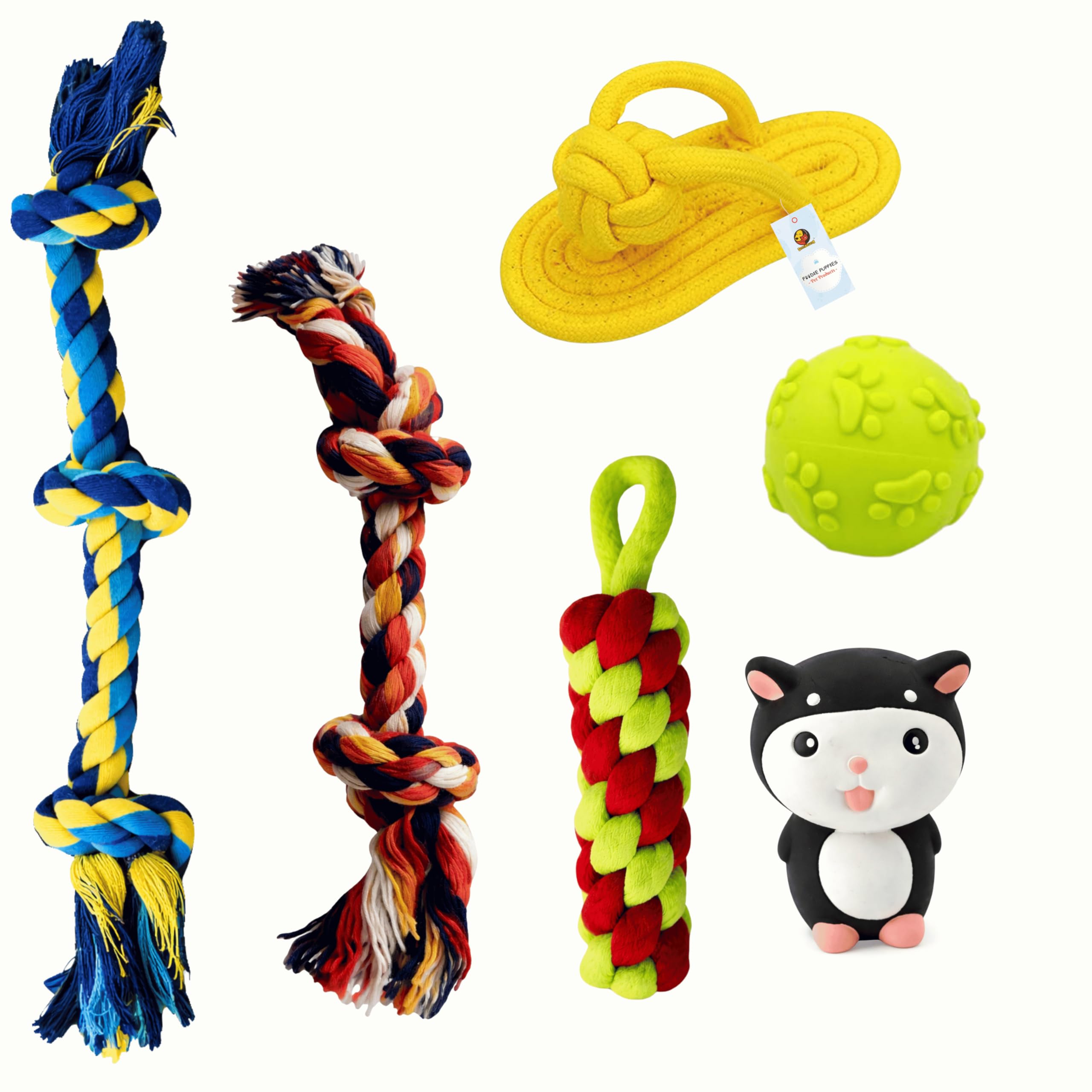 Foodie Puppies 6 In 1 Squeaky And Chew Rope Dog Toy Combo  (2Knot Rope + 3Knot Rope + Slipper + Corn Stick + Claw Ball + Kitty 