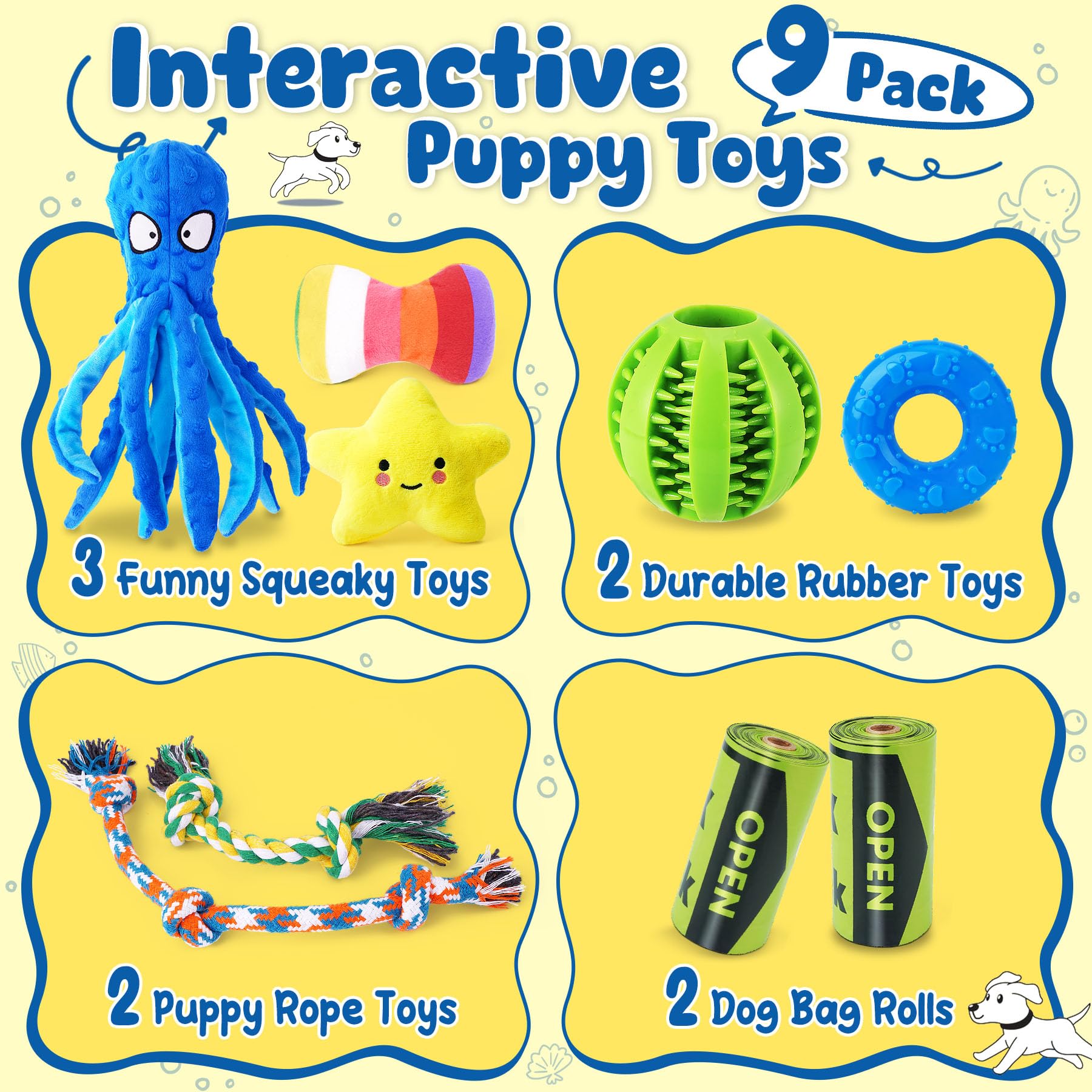 Kipritii 9-Pack Interactive Puppy Dog Toys For Small Dogs No-Stuffing Squeaky Octopus-Shaped Toy, Cute Plush & Engaging Chew Toy
