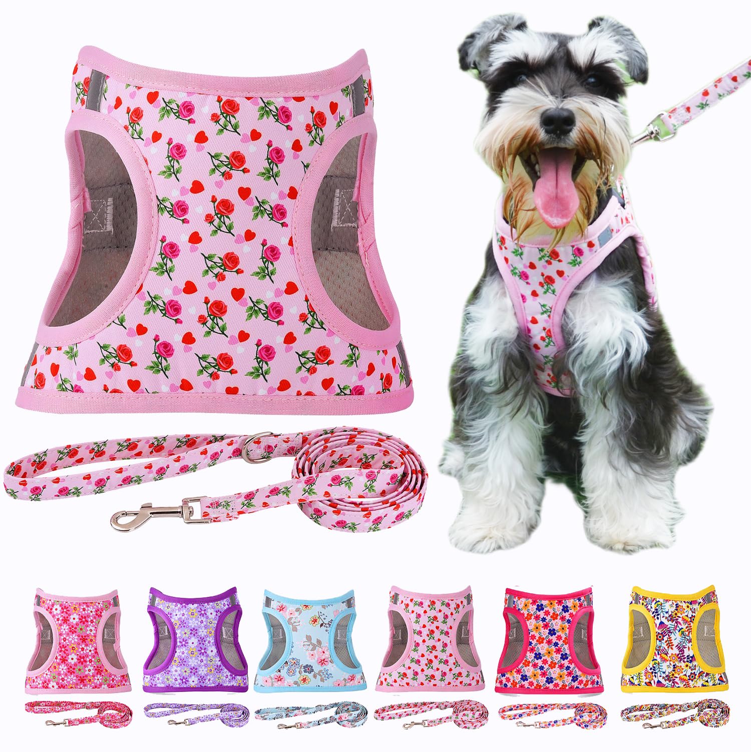 Moonpet Step In Valentine'S Day Dog Harness Leash Set- All Weather Reflective No-Pull Floral Pattern Padded Mesh Vest Harness Fo