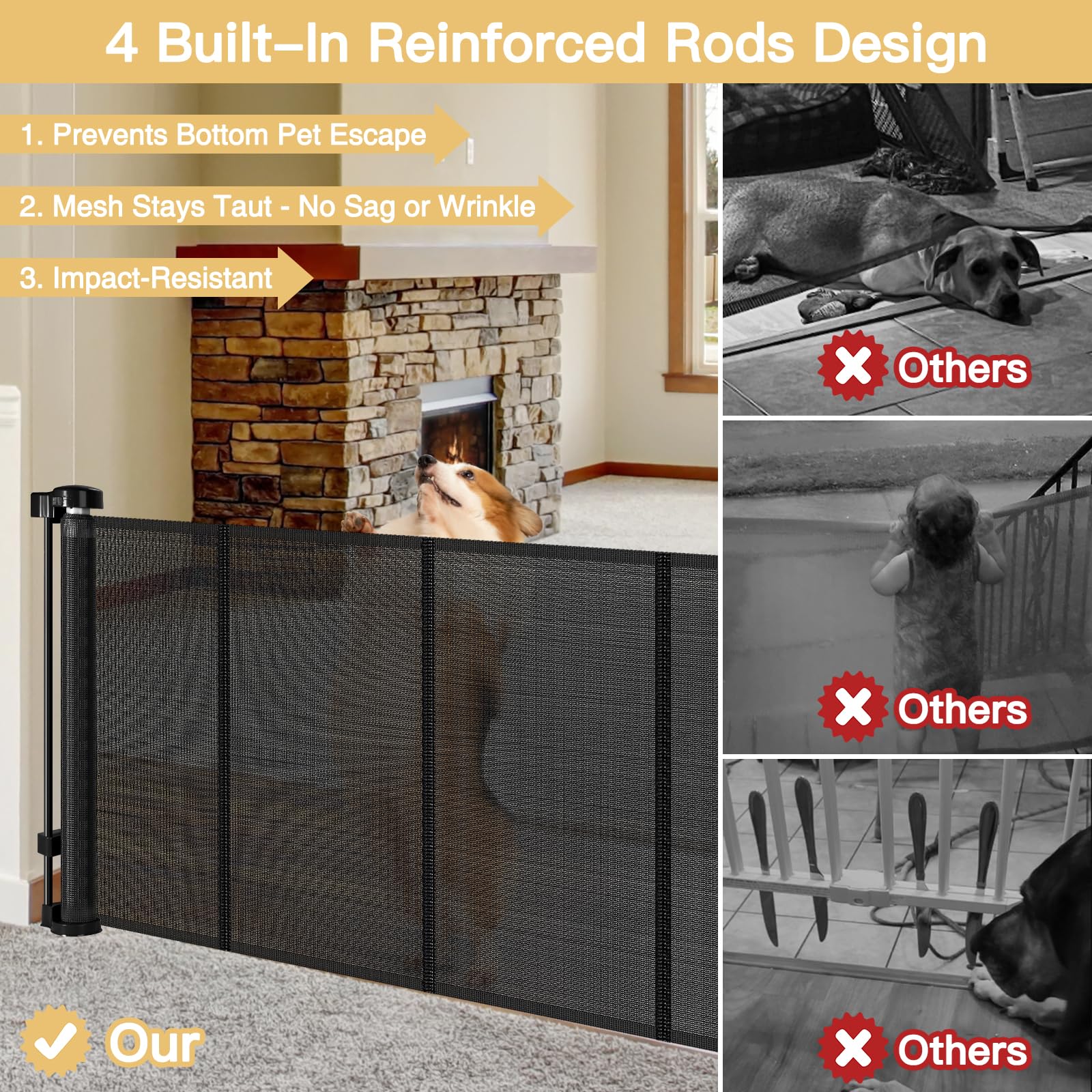 Reinforced 28 Inch Tall Retractable Dog Gate Small Baby Gate - Easy Step Over Dog Gate Short Pet Gate with Support Rods, 55'' Wi