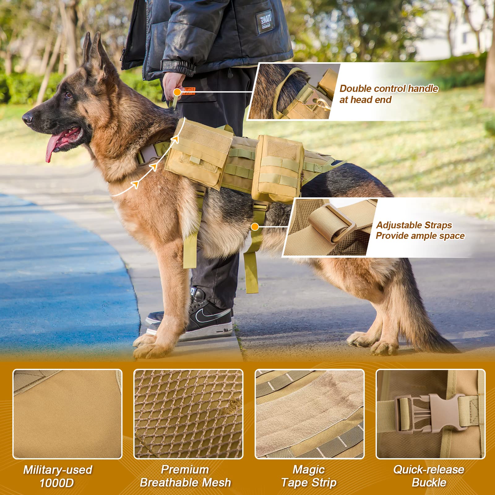 Aiwai Tactical Dog Harness With Pouches,Dog Vest Harness For Large Medium Dogs With Hook & Loop Panels,Adjustable Military Dog H