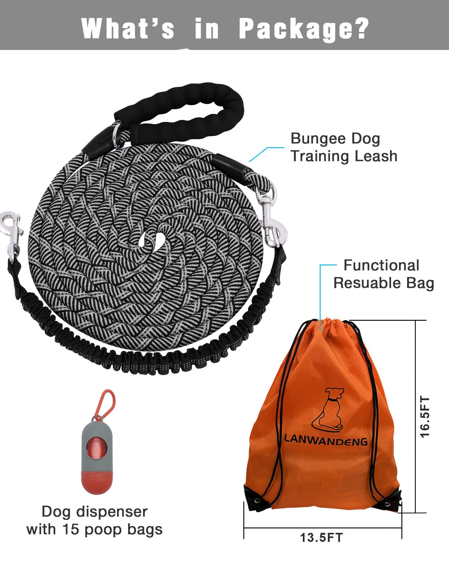 Long Dog Leash With Reflective Threads 15Ft 20Ft 30Ft 50Ft,Heavy Duty Bungee Dog Leashes For Small Medium Large Breed Dogs,Shock Absorbing Training Leash For Walking,Hunting,Camping&Yard