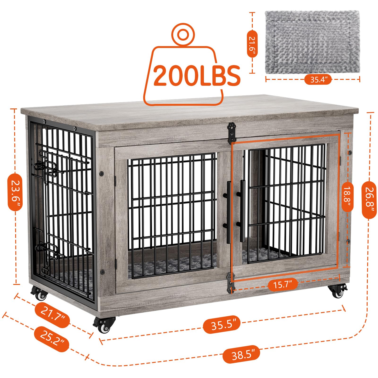 Lulive Dog Crate Furniture Set of 2, Dog Kennel Indoor Double Doors Wooden Dog Cage, 38   Heavy Duty Dog Crate with Cushion &