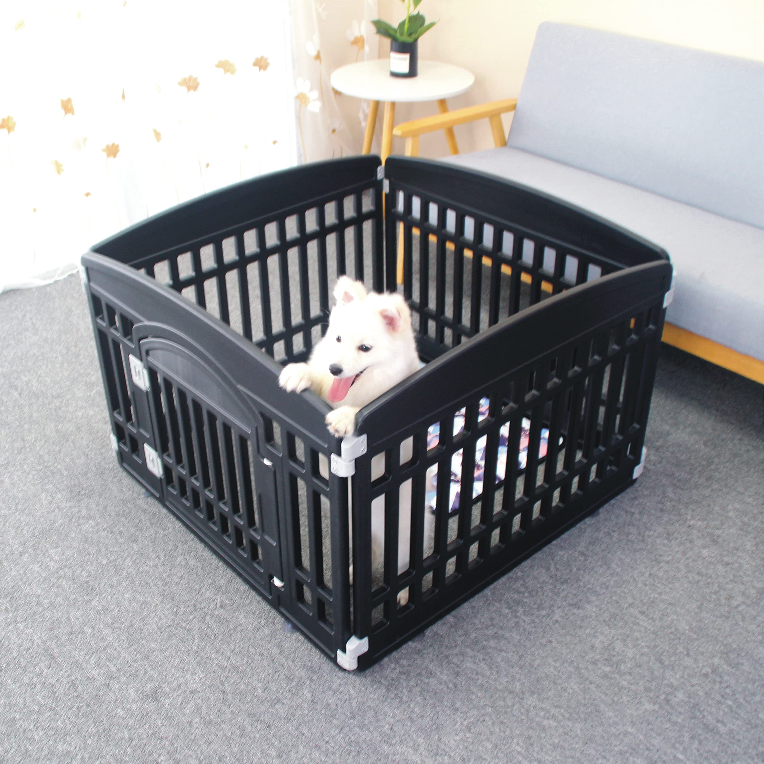 Gupamiga Pet Playpen - Foldable 4-Panel Exercise Pen for Small Dogs - Heavy Plastic, Mesh Top, Black (33.5x33.5 Inches)