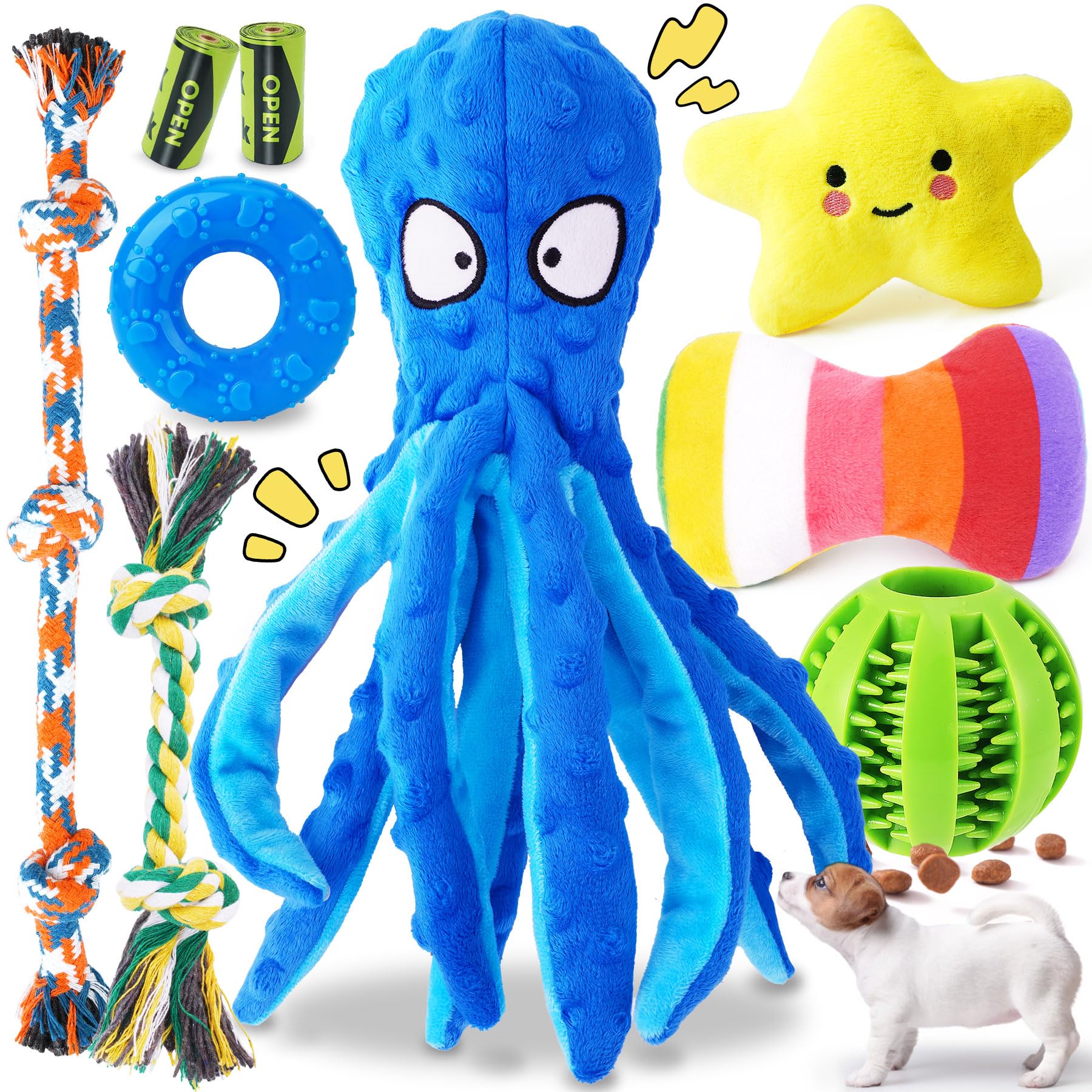 Kipritii 9-Pack Interactive Puppy Dog Toys For Small Dogs No-Stuffing Squeaky Octopus-Shaped Toy, Cute Plush & Engaging Chew Toy