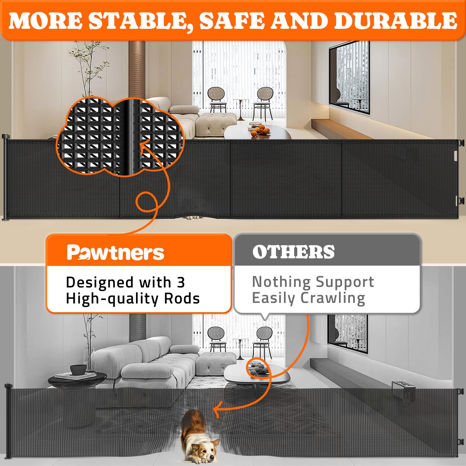 Pawtners Retractable Baby Gates Extra Wide, 41 Tall Extends up to 200 Wide, Dog Gate Indoor for Stairs, Pet Gate with Support Ro
