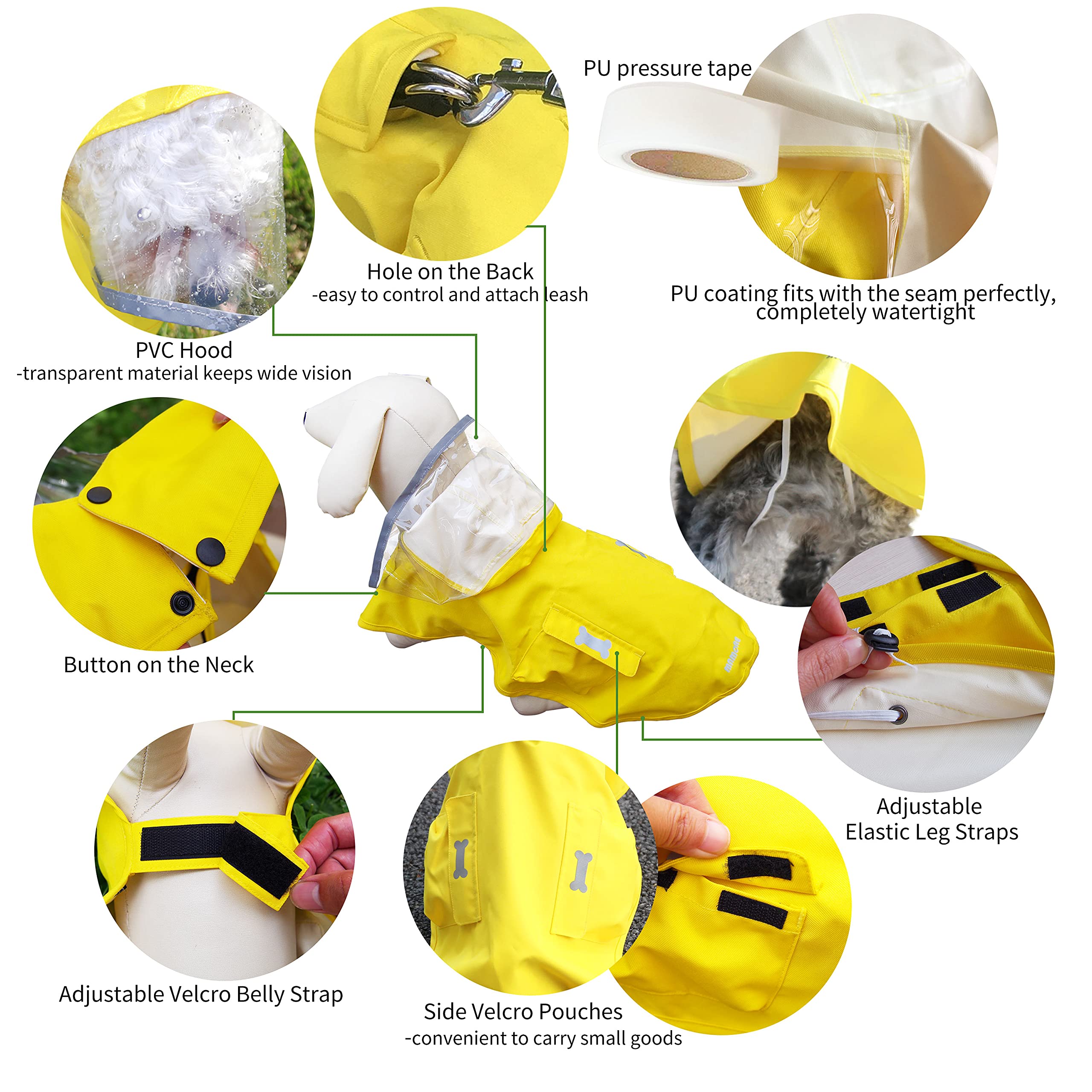 Waterproof Dog Raincoat, Adjustable Reflective Lightweight Pet Rain Clothes With Poncho Hood (Yellow, Small)