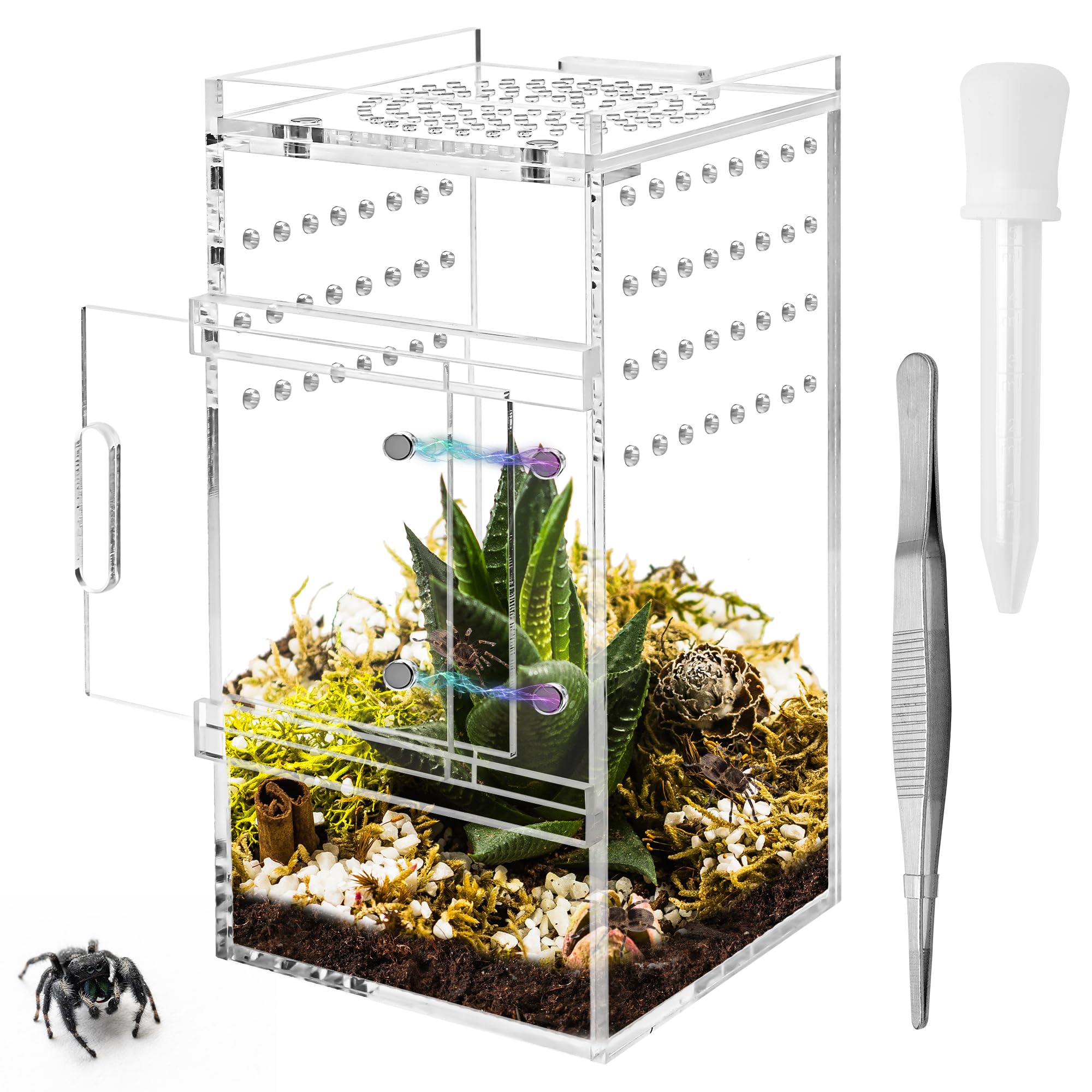 Zhaoyao Jumping Spider Enclosure, 3X3X6 Inch Jumping Spider Habitat With Magnet Opening Door Jumping Spider Accessories Small Ac