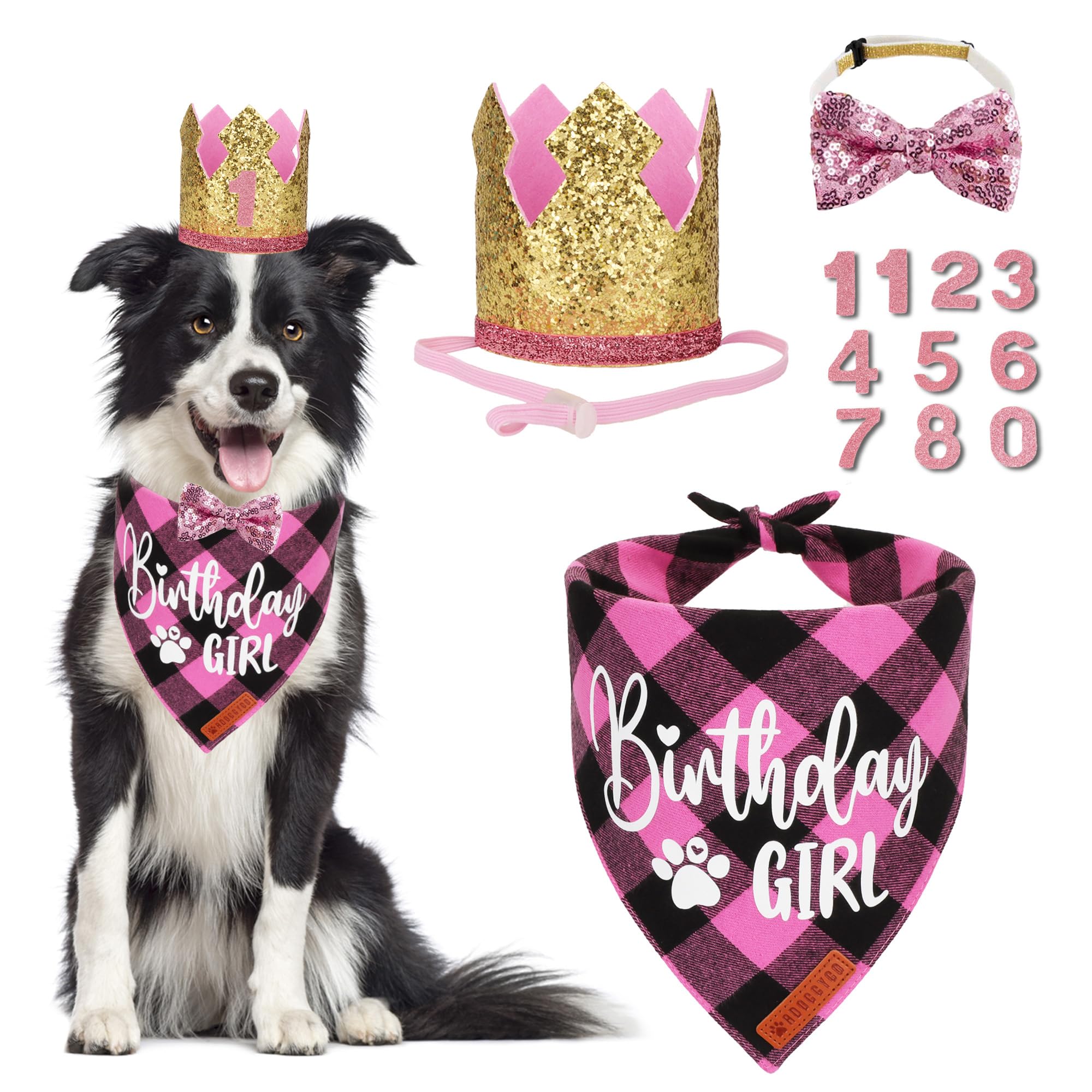 Adoggygo Dog Birthday Party Supplies, Pink Plaid Birthday Girl Dog Bandana, Golden Pet Party Hat With Numbers, Bowtie For Medium