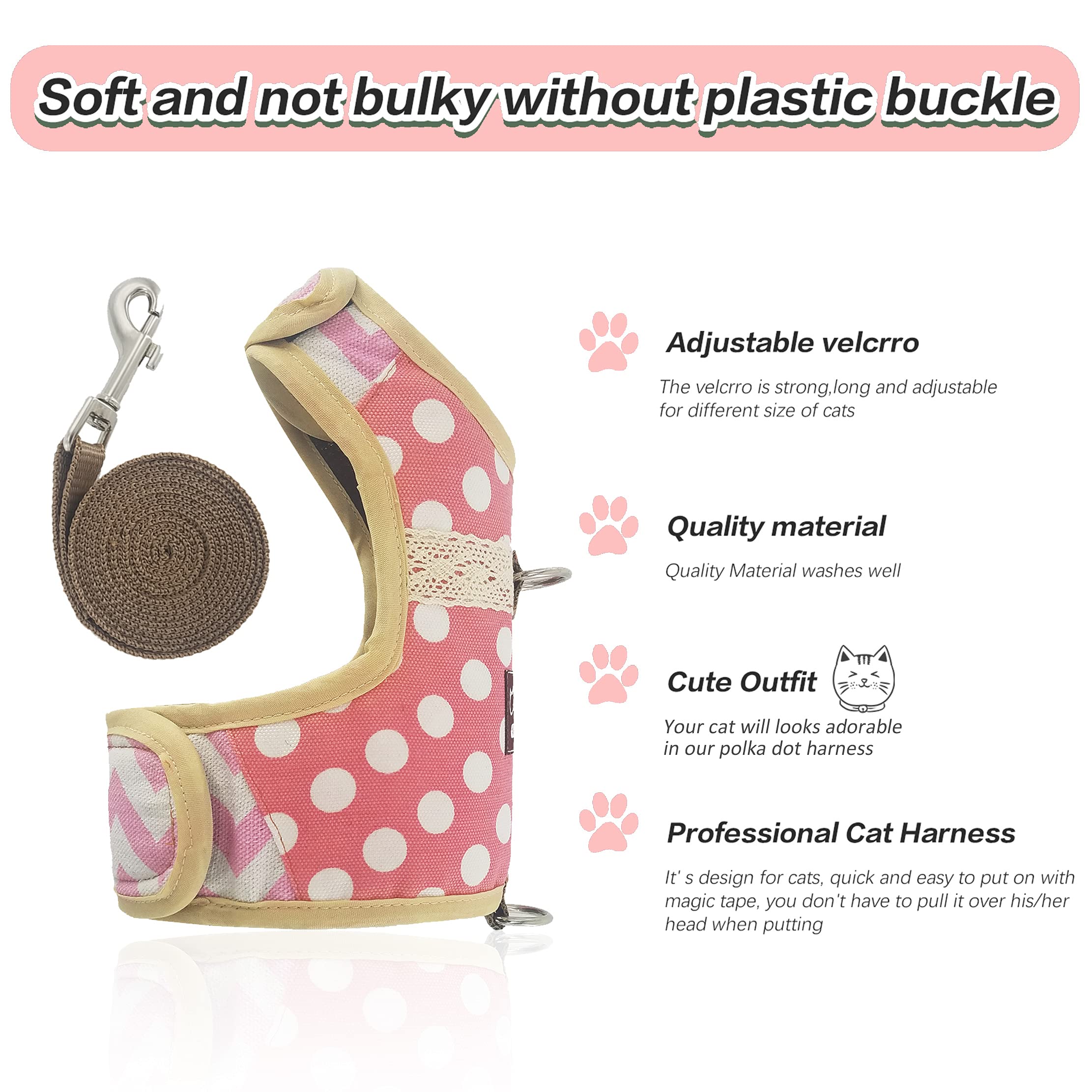 Yizhi Miaow Cat Harness And Leash For Walking Escape Proof, Adjustable Cat Vest Harness, Padded Stylish Cat Walking Jackets, Polka Dot Pink, Small