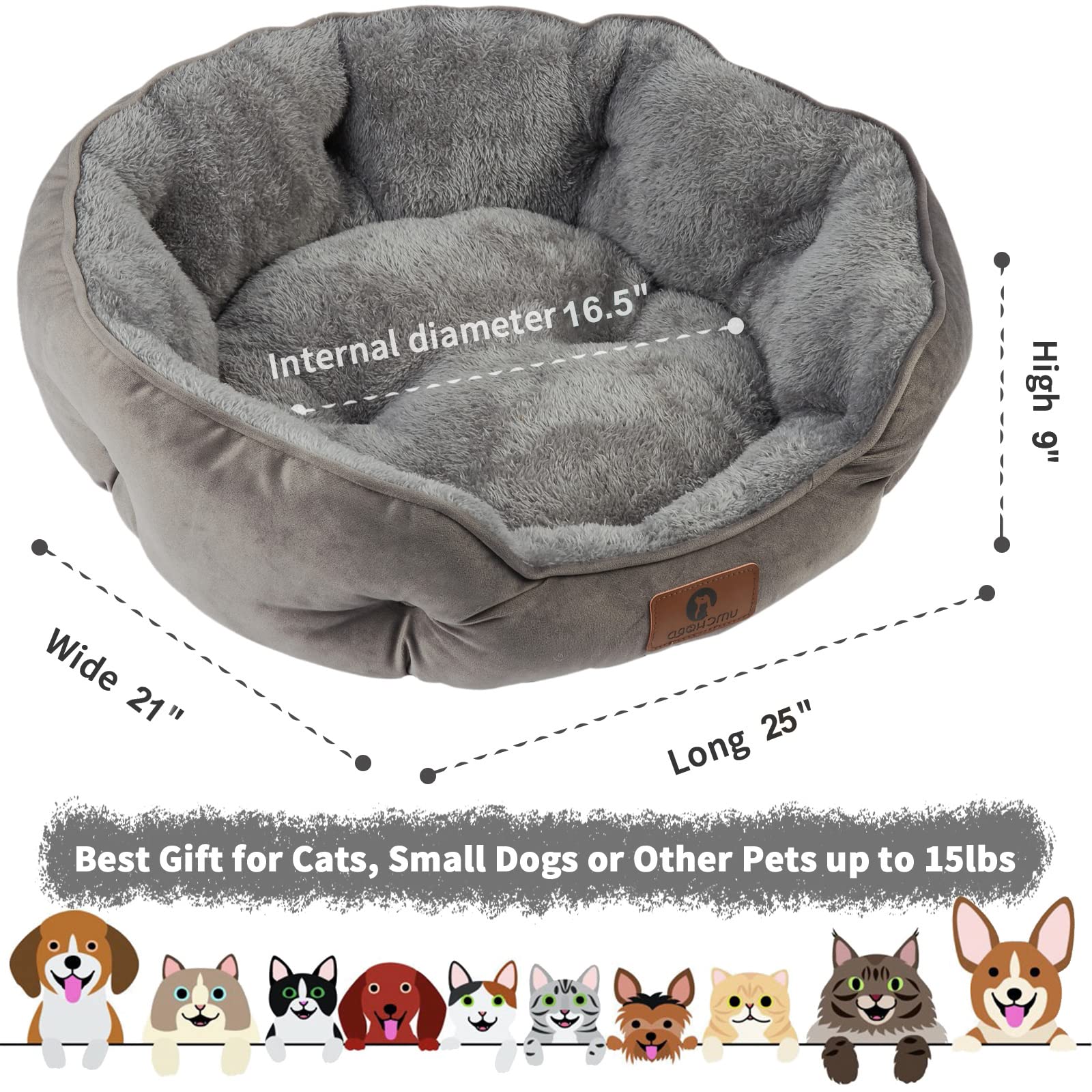 Asvin Medium Dog Bed - Soft Fleece Pet Bed for Dogs & Cats, Grey, 25 inches, Machine Washable, Anti-Slip, Water-Resistant