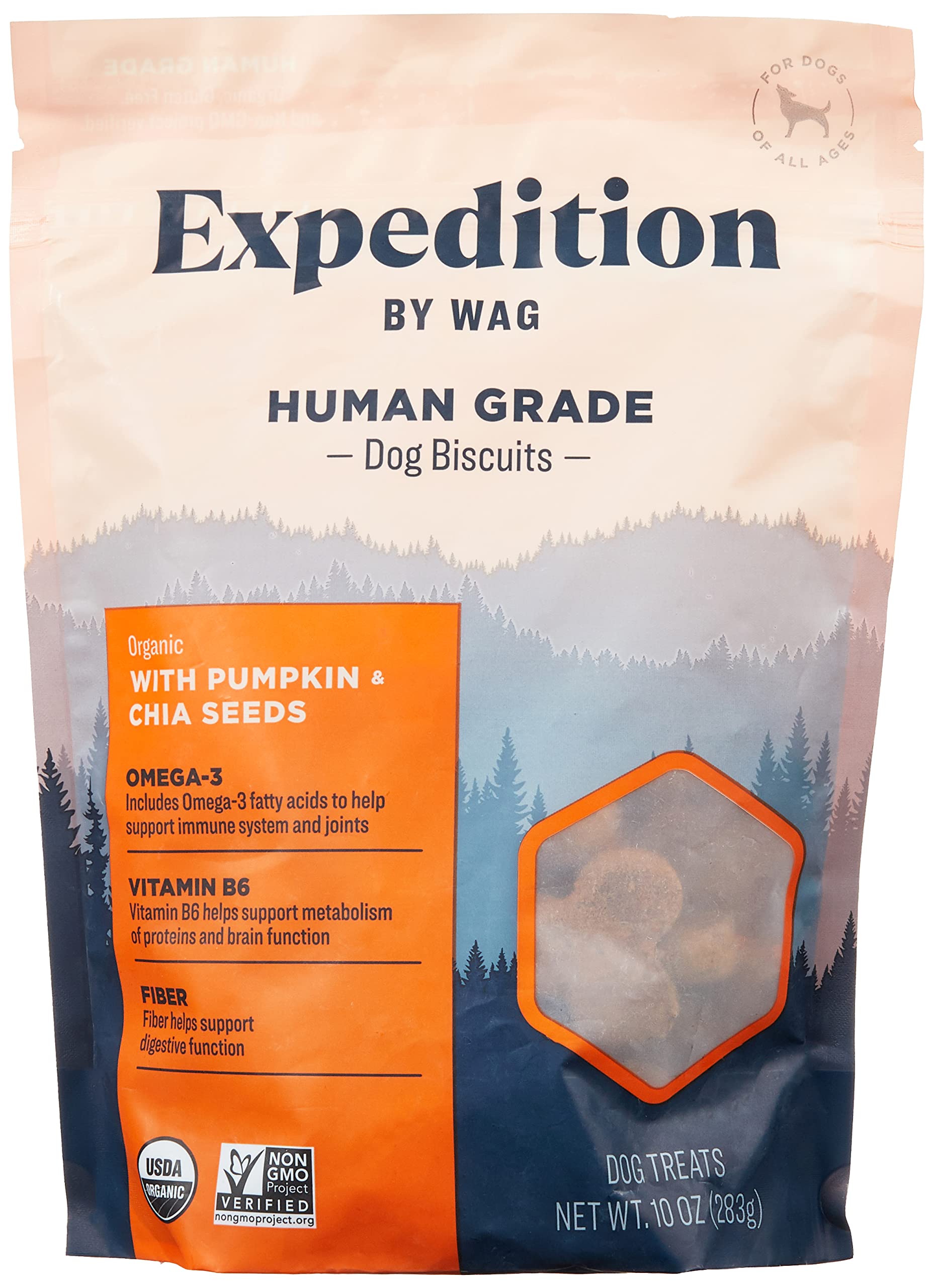 Amazon Brand - Wag Expedition Human Grade Organic Biscuits Dog Treats, Non-GMO, Pumpkin & Chia Seed, 10 oz, Pack of 1