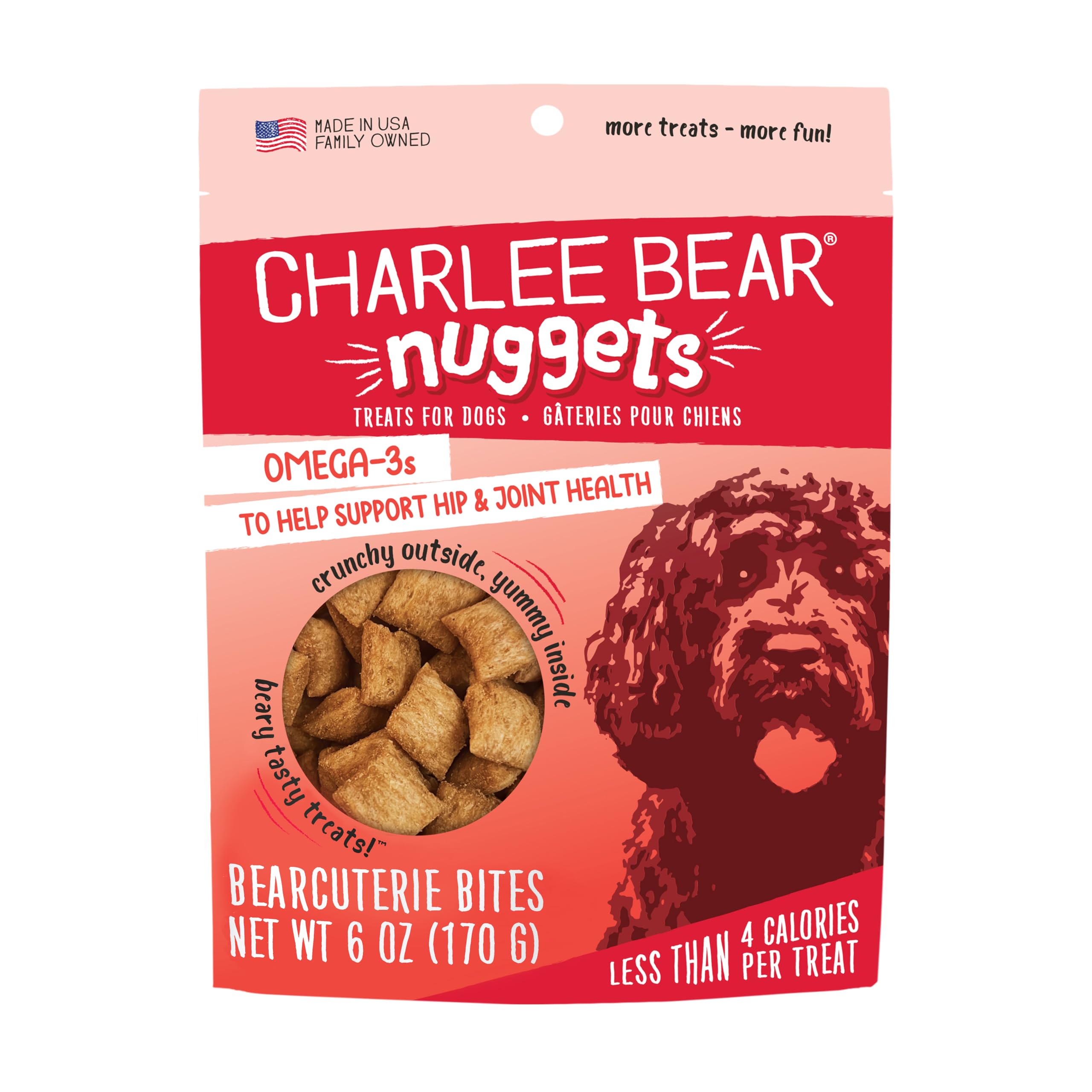 Charlee Bear Nuggets Crunchy and Soft Dog Treats, Bearcuterie Bites, 6 Ounce Resealable Bag, Hip and Joint Support, Grain Free, 