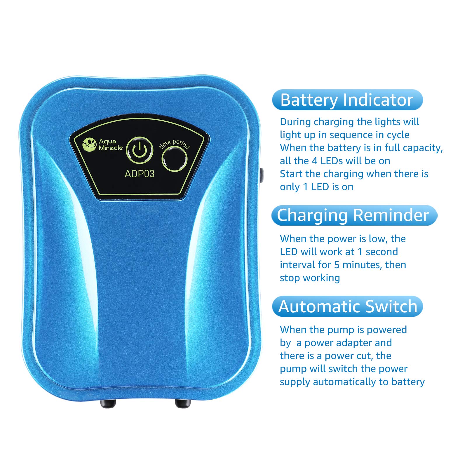 AquaMiracle Lithium Battery Powered Portable Aquarium Air Pump, USB Rechargeable Fish Tank Air Pump, AcDc Dual Mode, Works as a