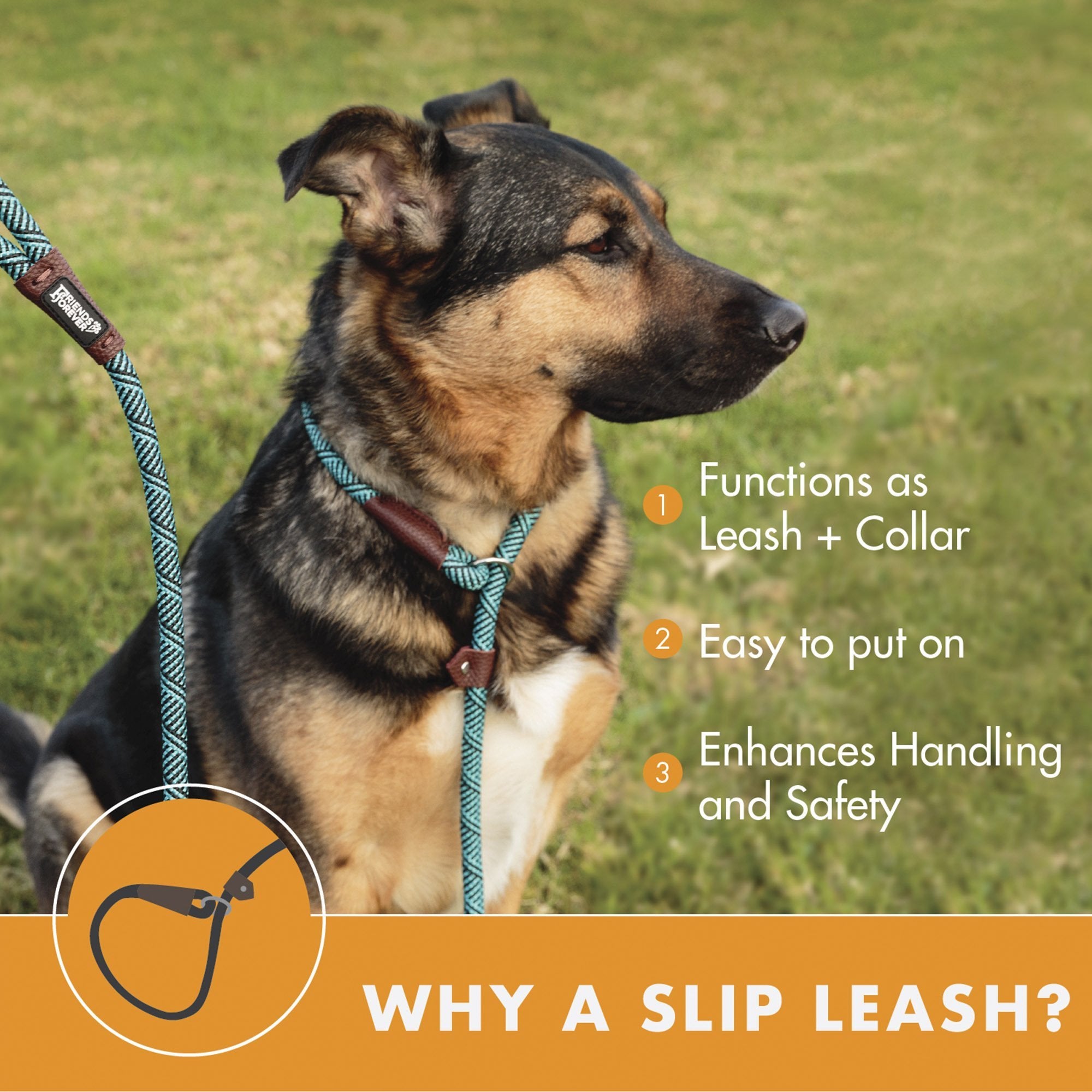 Friends Forever Dog Rope Leash - Durable, Reflective, 6ft, Black, Heavy Duty Training Slip Lead for Large, Medium, Small Pets