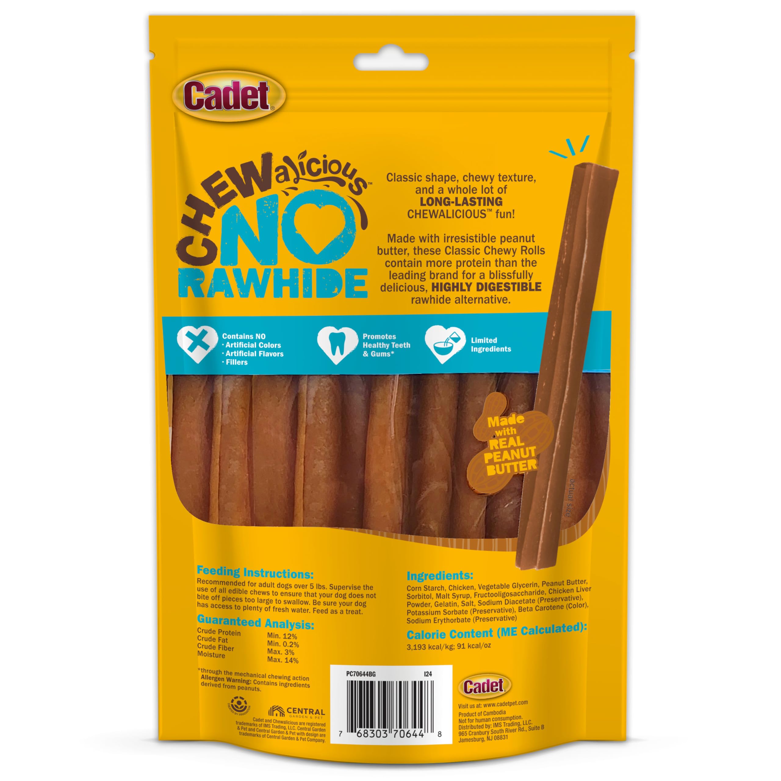 Cadet Chewalicious Classic Chewy Rolls with Real Peanut Butter, Rawhide-Free Healthy Dog Chews, Limited-Ingredient & Long-Lastin