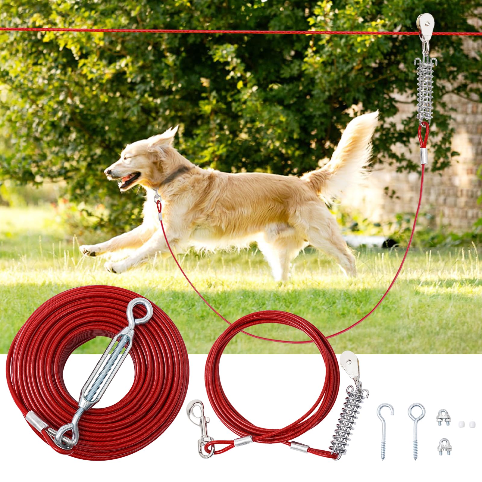 Luffwell Dog Runner For Yard, 120Ft Long Dog Lead With 15Ft Shock Absorption Spring And Pulley Dog Tie Out Cable For Small Medium Large Dogs, Dog Trolley System For Dogs Run In Yard, Park And Outside