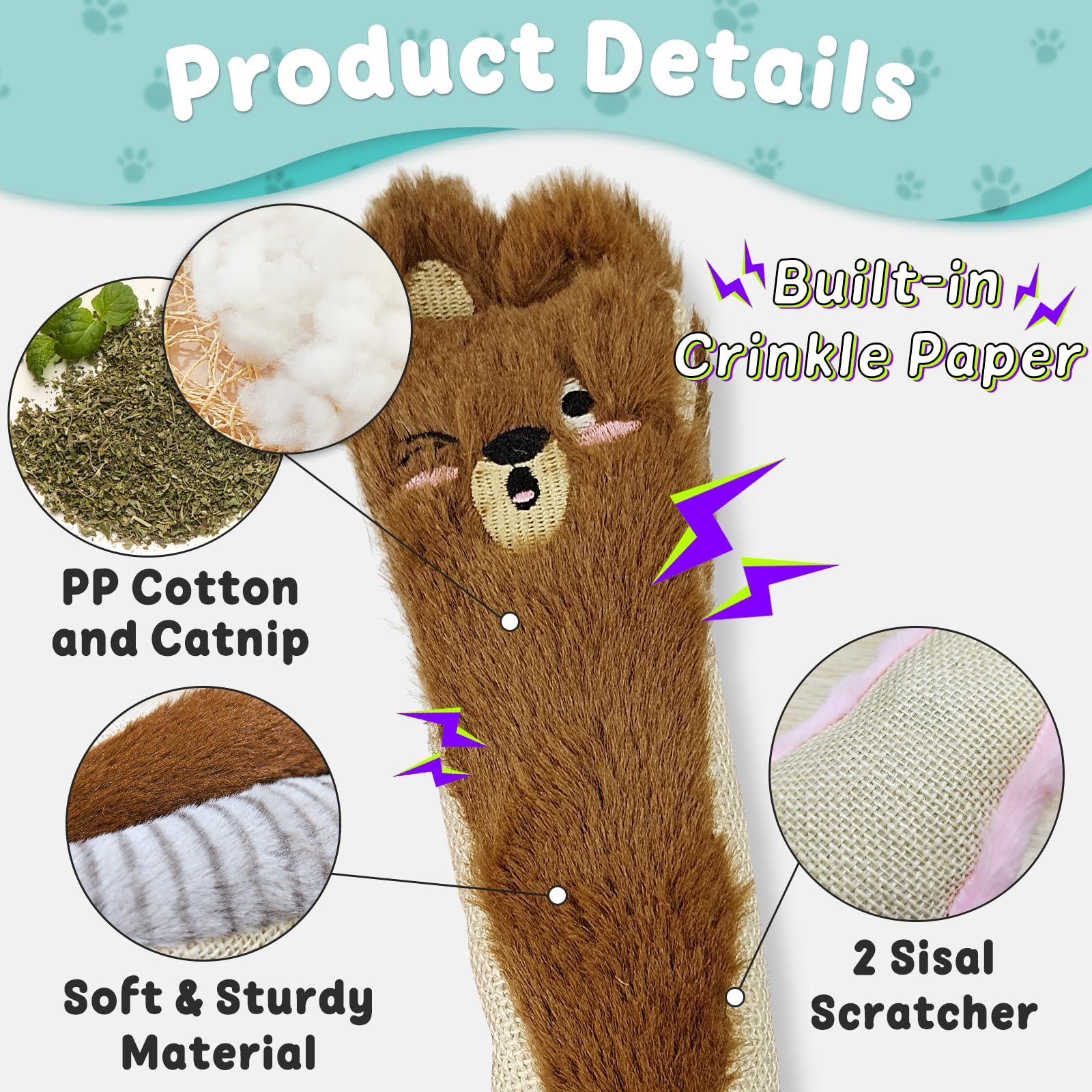Andiker Catnip Toys For Indoor Cats,10.24Inches Plush Toy For Cats With Crinkle Paper Inside,Fluffy Cat Toy With Feather And 2 S