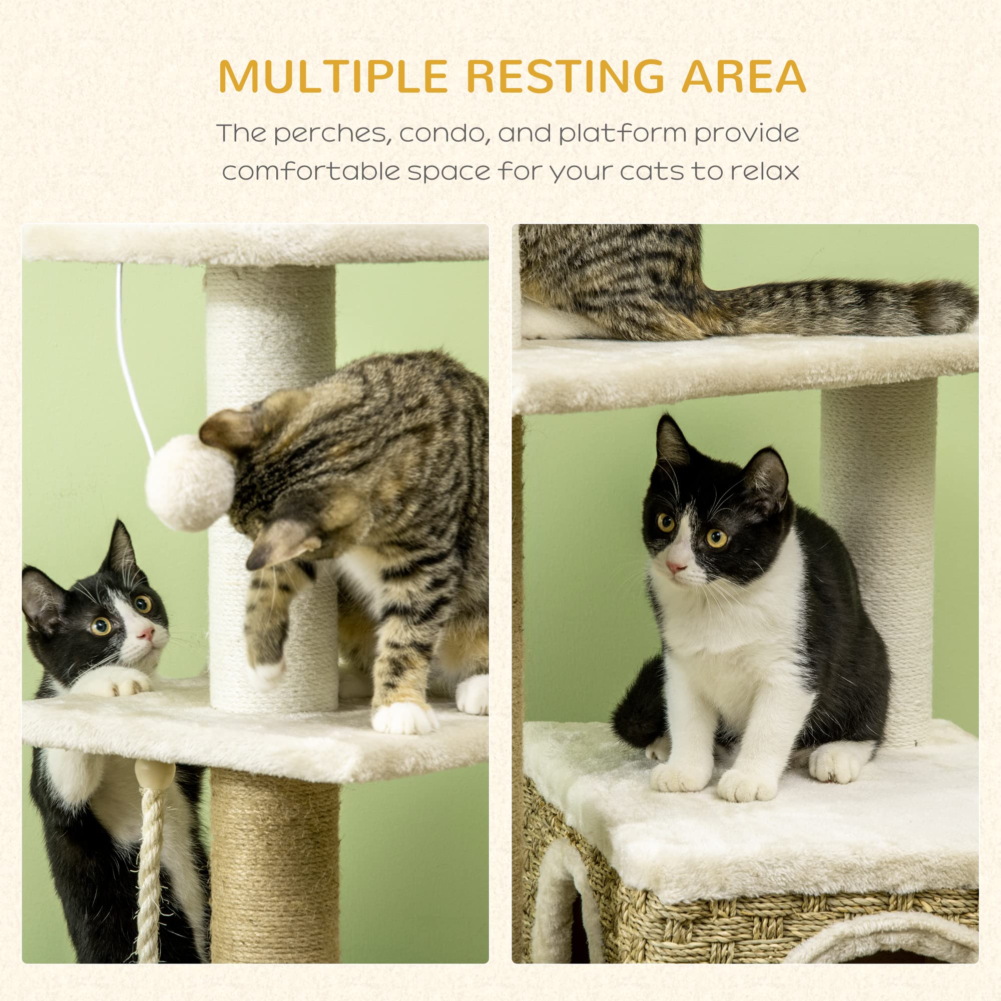 Pawhut Cat Tree Climbing Kitten Tower Activity Centre For Indoor Cats W/ Jute Scratching Post, Cat House, Kitten Stand, Hanging Toy Ball - Beige