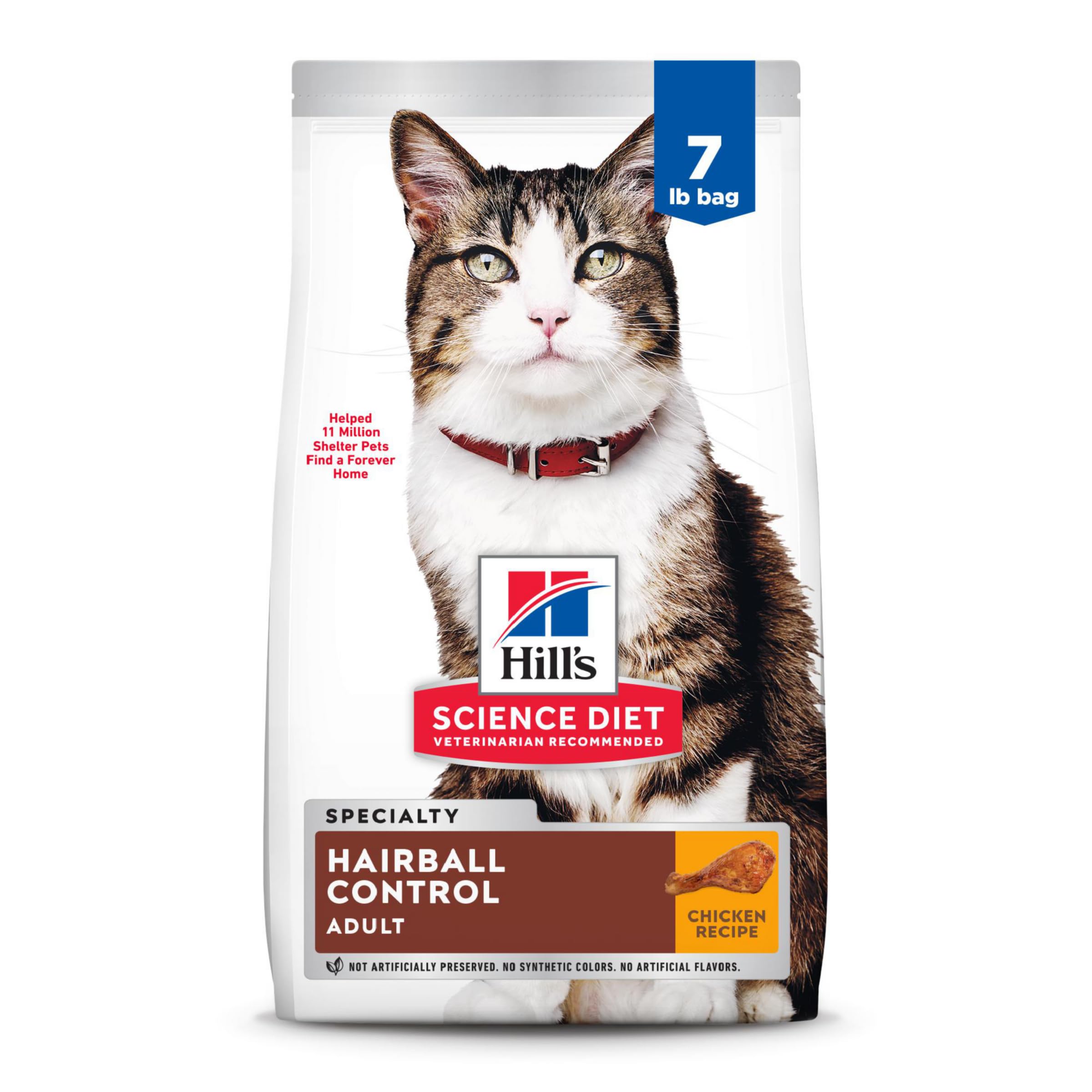 Hills Science Diet Hairball Control, Adult 1-6, Hairball Control Support, Dry Cat Food, Chicken Recipe, 7 lb Bag
