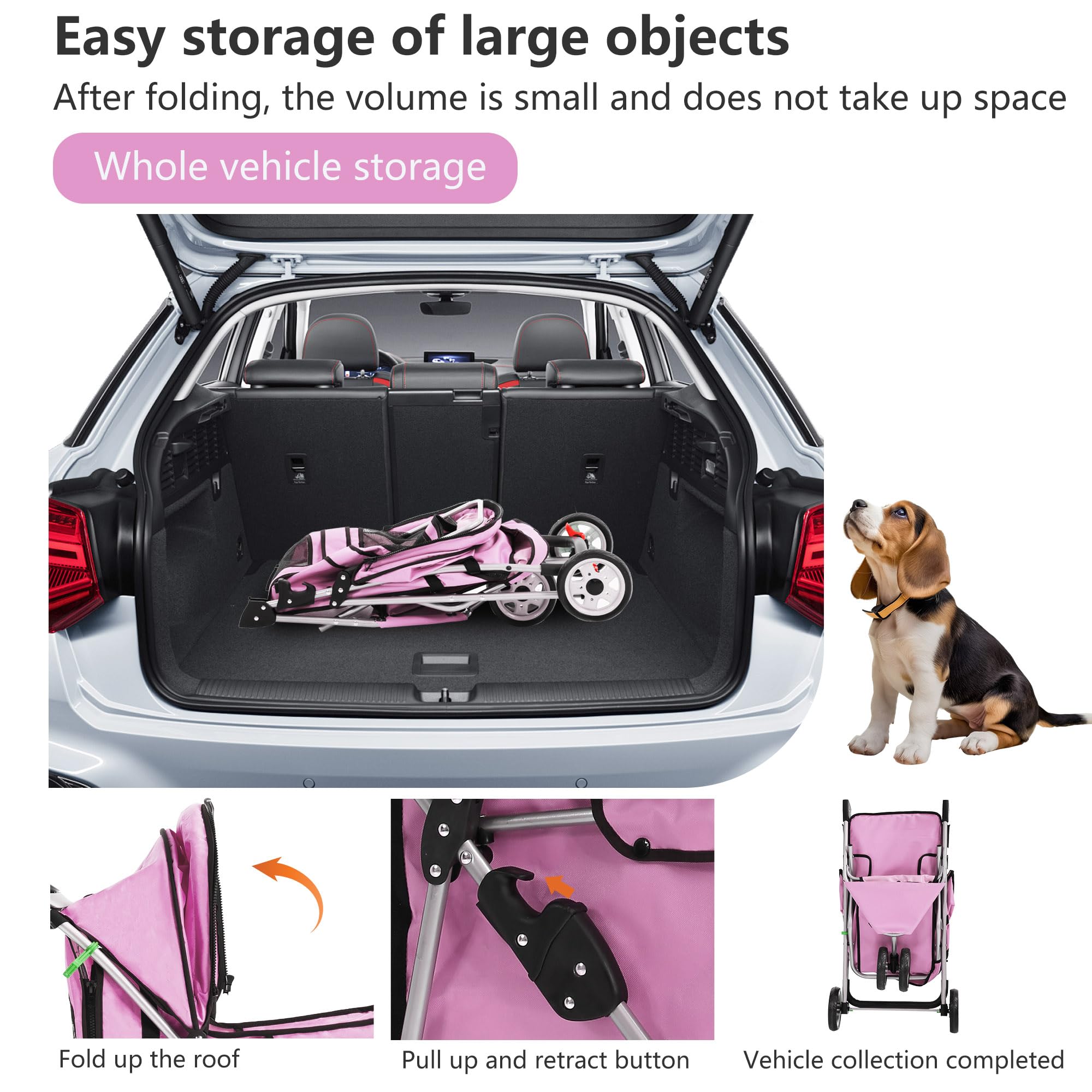 FDW 3-Wheel Pet Stroller Foldable Dog Cat Jogger Stroller Durable Travel Folding Carrier with Storage Basket Cup Holder,Peach Pi