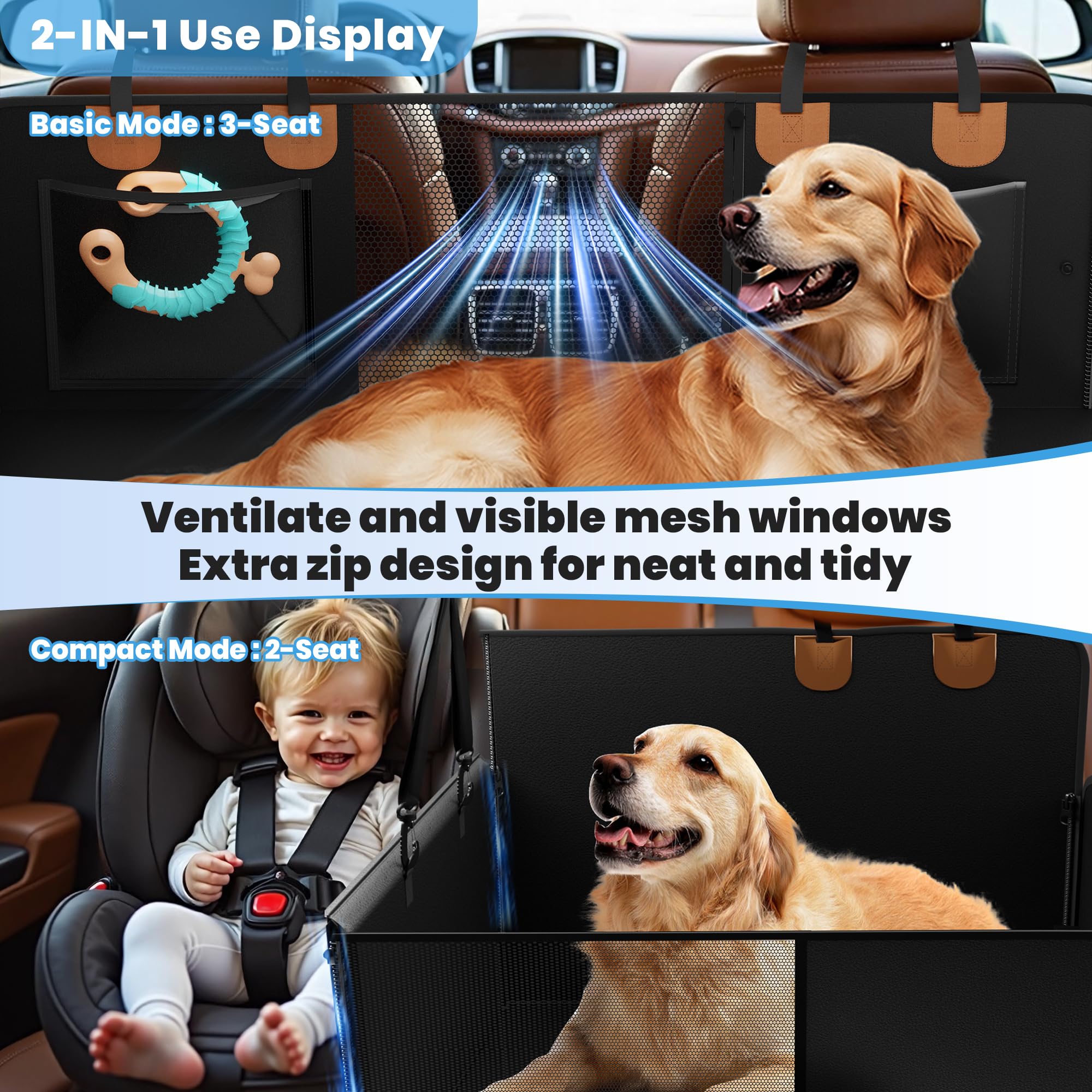 GAMKII Dog Car Seat Cover - Waterproof Backseat Extender, 24.5x50.7in, Faux Leather, Black, Model PET004, Holds 400lbs