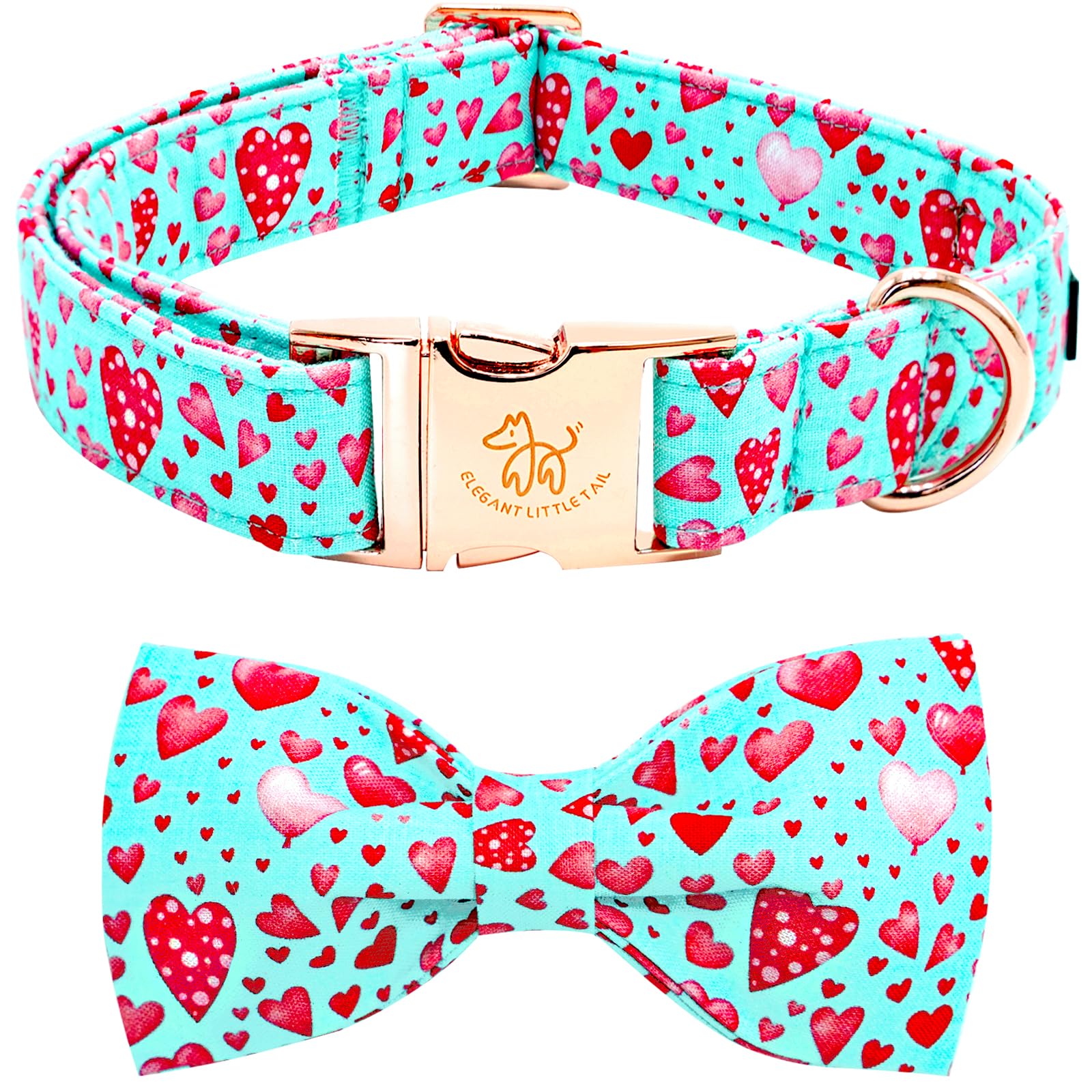 Elegant little tail Valentine's Dog Collar, Cute Pink Heart Dog Collar with Bow Soft Dog Collar Female or Male Adjustable Cotton