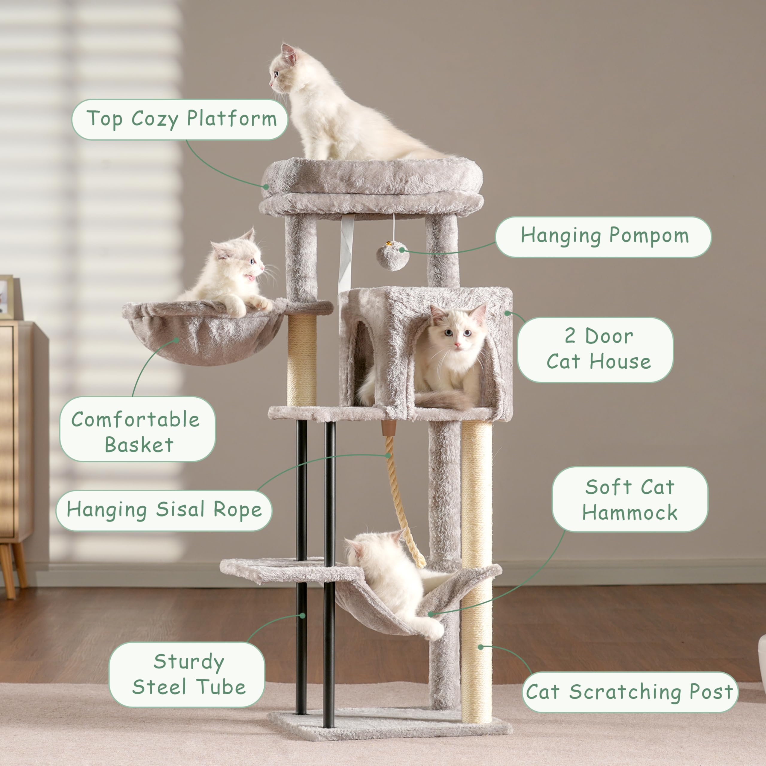 Gitelsnour Cat Tree Tower - 43.3" Indoor Cat Condo with Steel Frame, Hammock, Scratching Post, Light Gray, Model GCT004SW