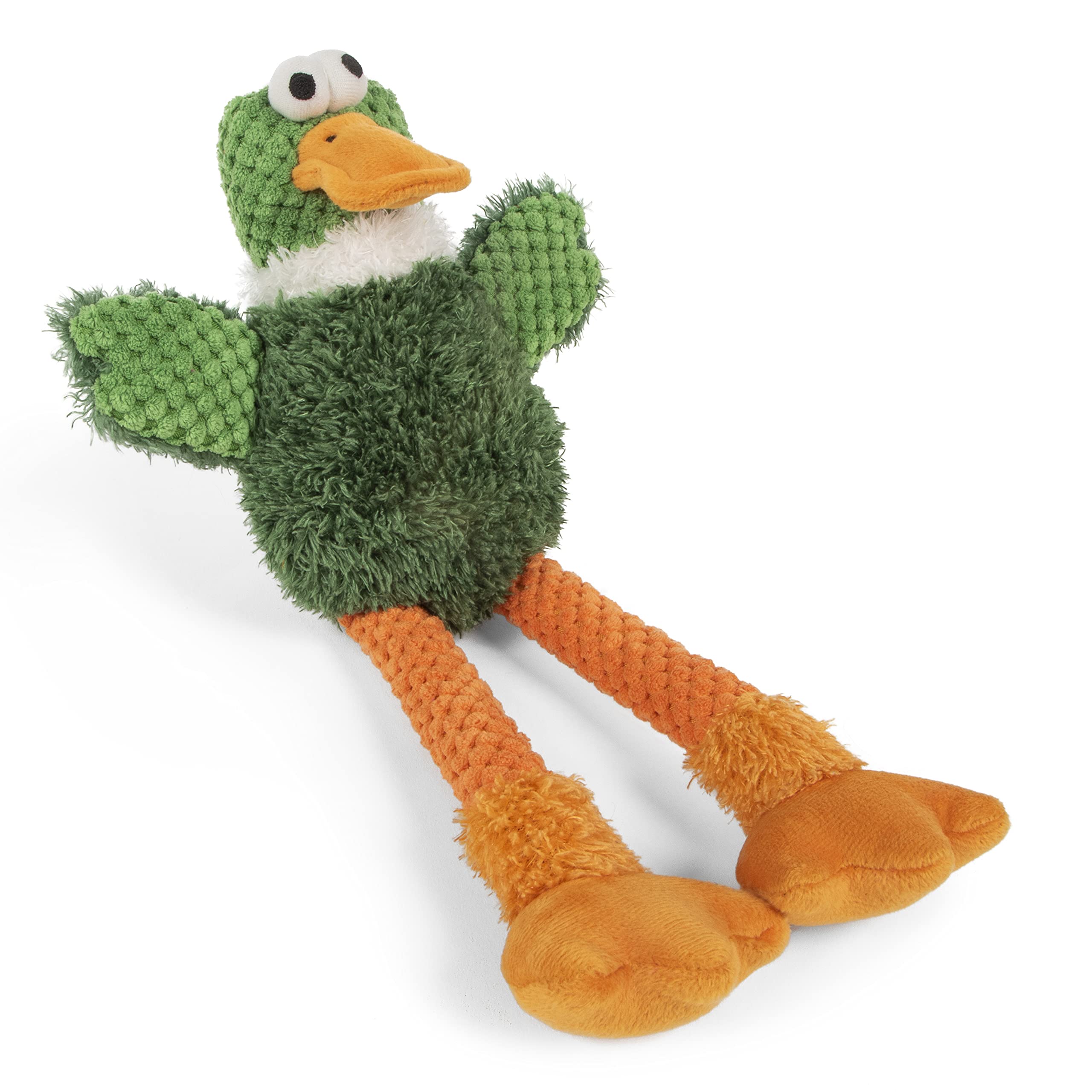 Godog Checkers Skinny Duck Squeaky Plush Dog Toy, Chew Guard Technology - Green, Small