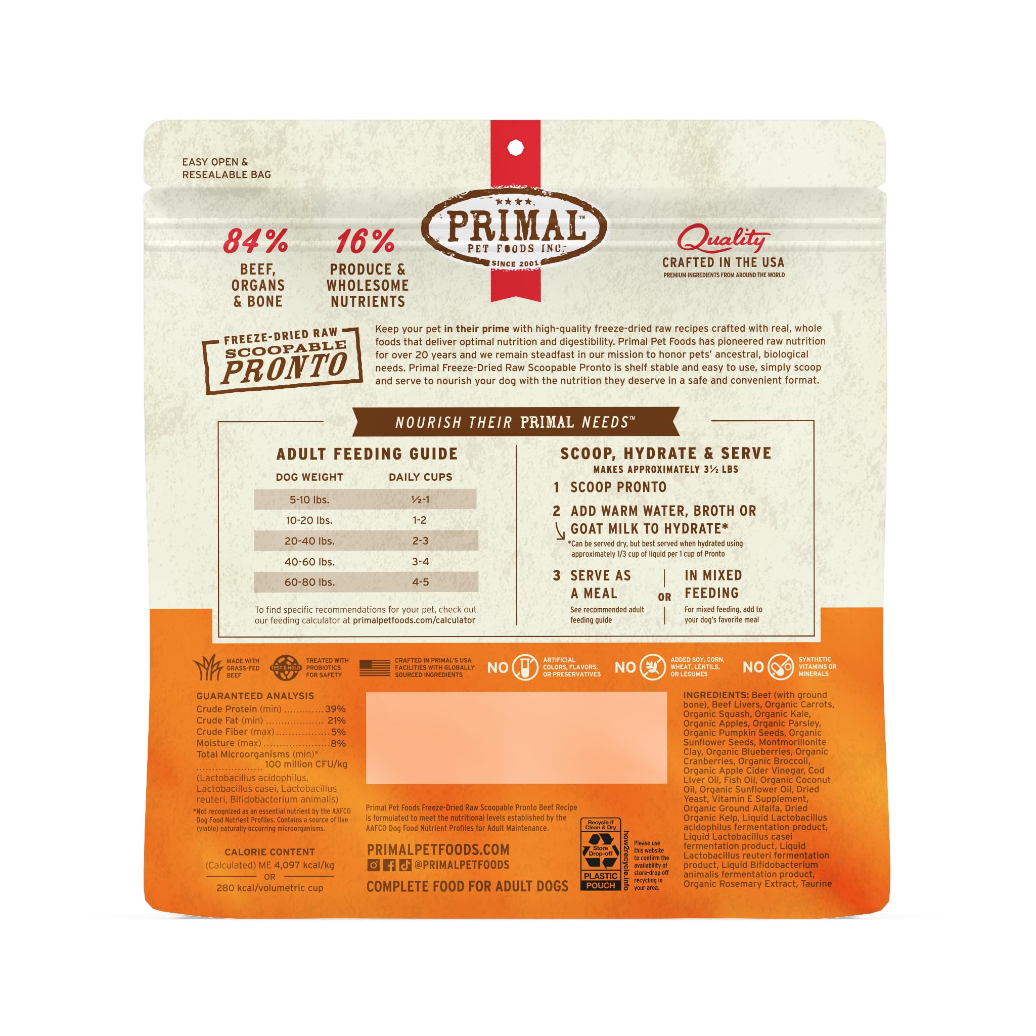 Primal Freeze Dried Dog Food Pronto, Beef; Scoop & Serve, Complete & Balanced Meal; Also Use as Topper or Treat; Premium, Health