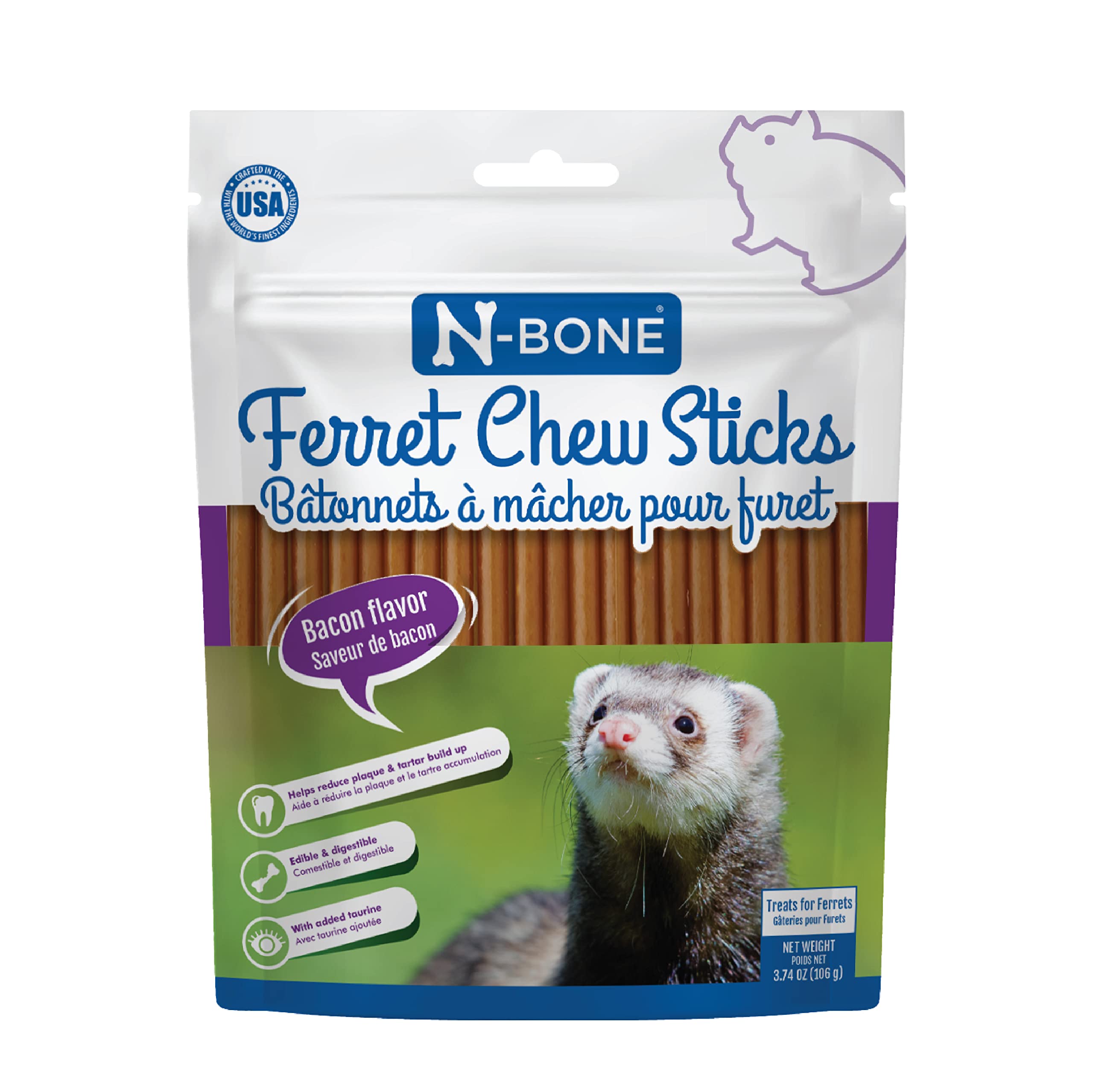 N-Bone Ferret Chew Sticks, Bacon Flavor, 3.74 oz, Plastic, Black and Gray, Model 802010