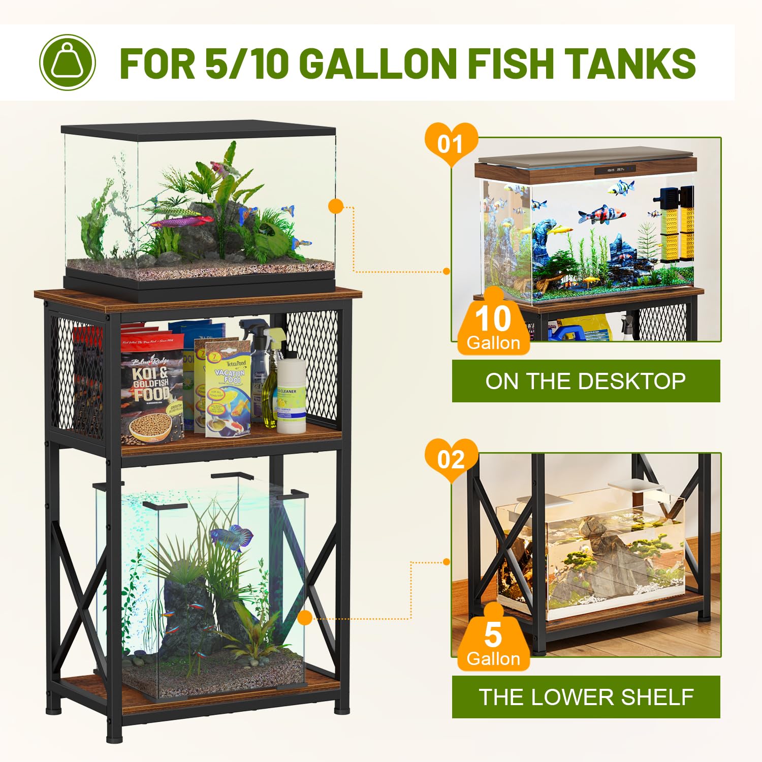 Snughome 10 Gallon Aquarium Stand, 3-Tier Heavy Metal Shelf, 20.47" x 11.42" x 30.91", Rustic Brown, Model YG