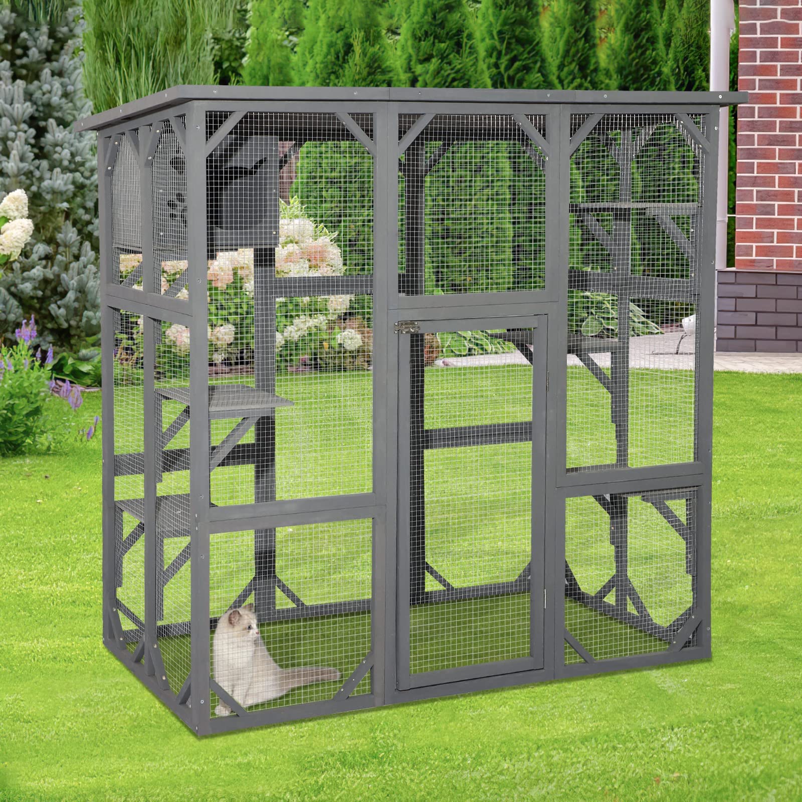 Titimo Catio Outdoor Cat Enclosure Large Wooden Outdoor Cat House With Small House, Cat Cage With 6 Platforms And Weather Protection (Gray,63' X 31.1' X 59.33')
