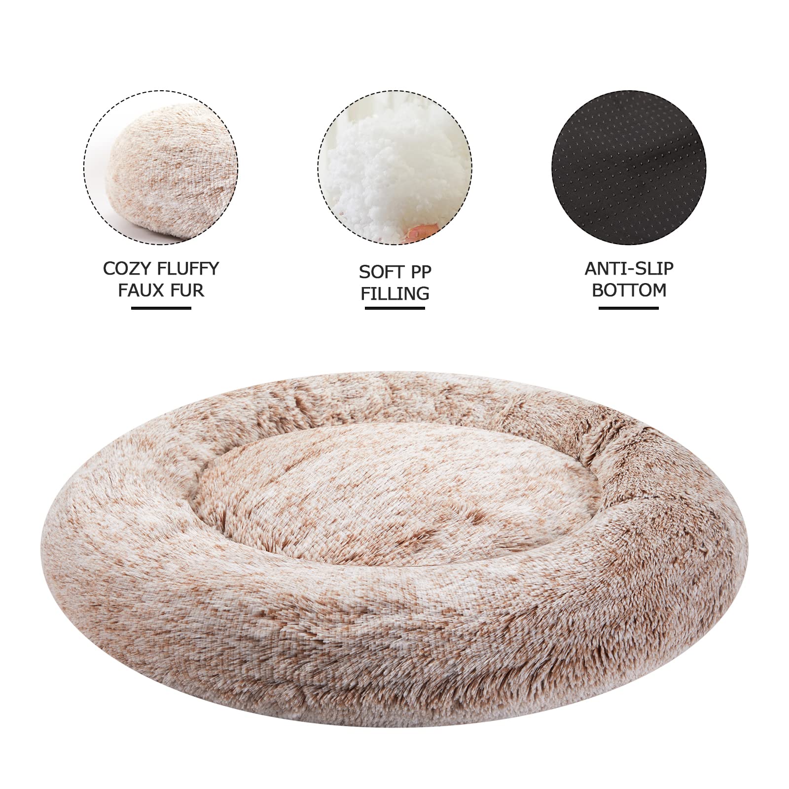 Bedfolks Calming Donut Dog Bed, 23 Inches Round Fluffy Dog Beds For Small Dogs, Machine Washable Anti-Anxiety Plush Puppy Bed(Br