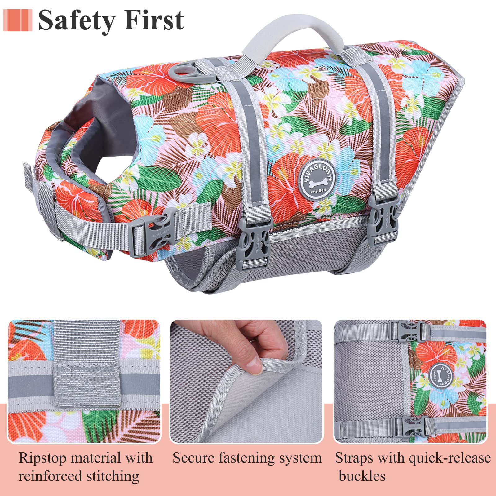 Vivaglory Ripstop Dog Life Jacket With Superior Buoyancy And High Visibility, Durable Dog Water Safety Vest For Small Medium Lar