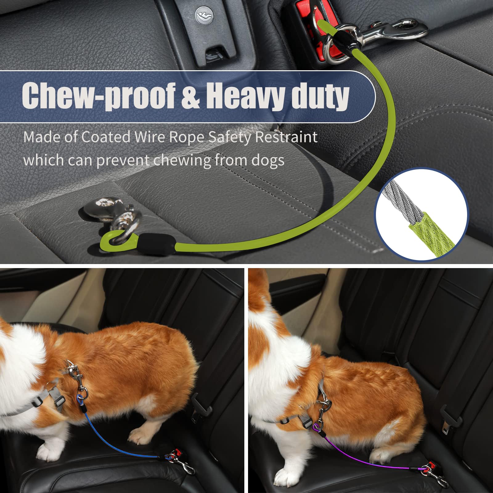 Dog Seat Belt Harness For Car,Dog Seatbelt Of Coated Wire Leash Safety Restraint,No Chew Tether Cable Vehicle,Double Clips & Lat