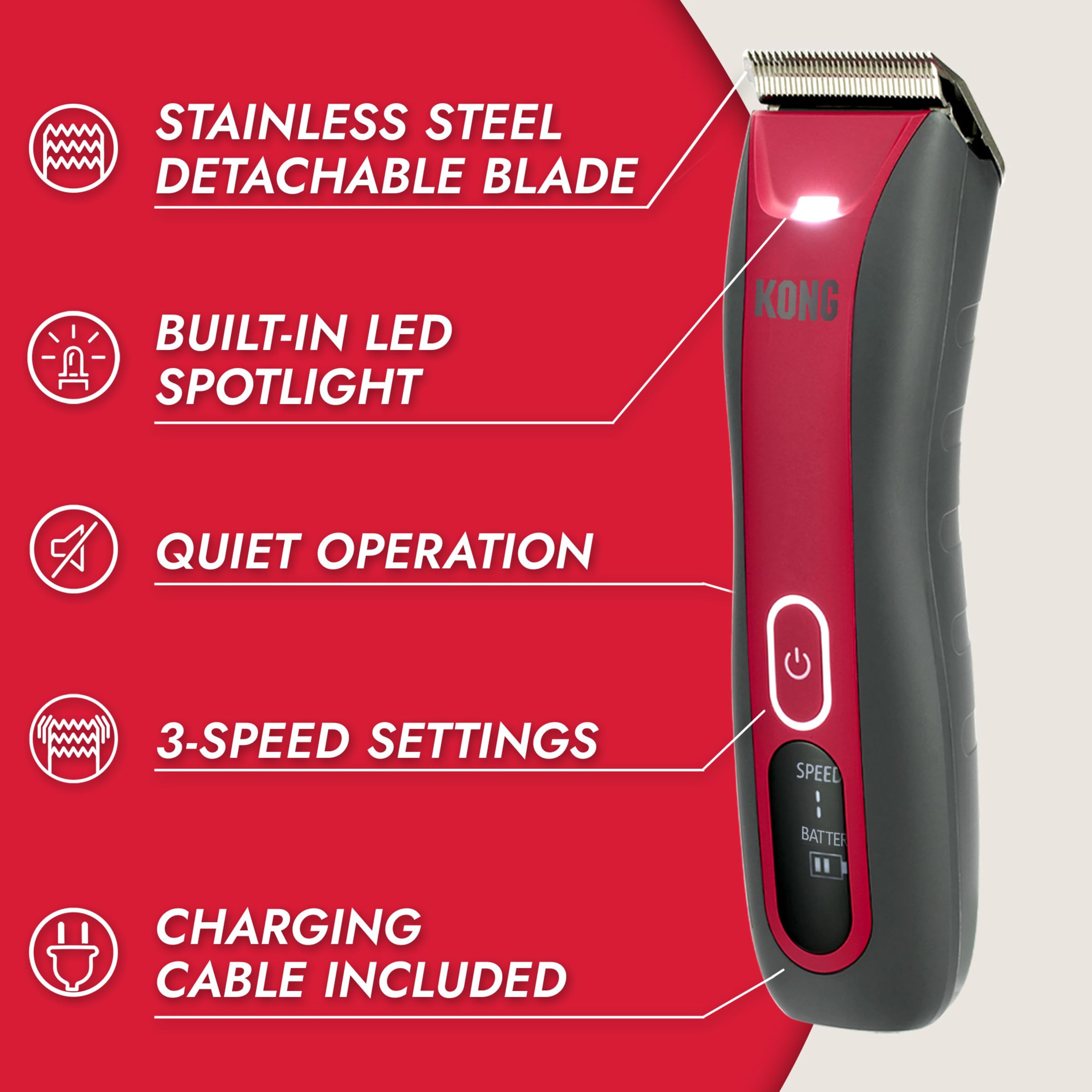 Kong 3-Speed Cordless-Corded Dog Clipper Kit - Stainless Steel Blade, Waterproof, LED Spotlight, Use-While-Charging, 6 Guide Com
