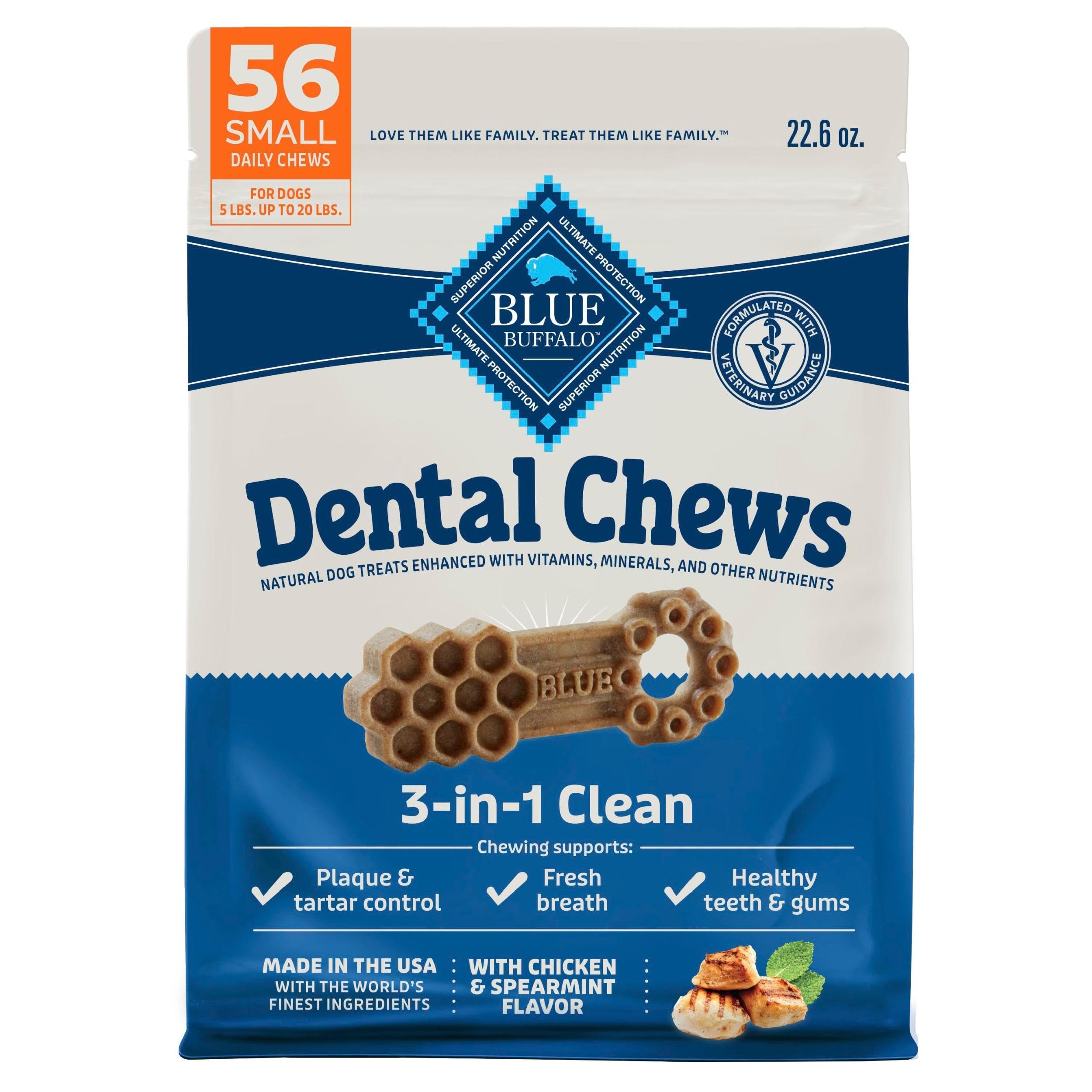 Blue Buffalo Dental Chews Small Natural Dog Treats, Chicken & Spearmint 22.6-oz Bag (56 Count)