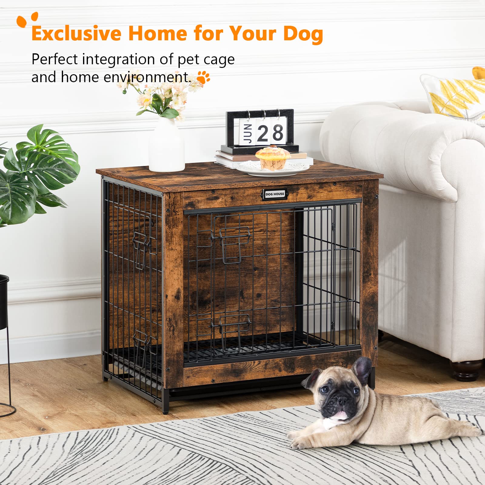 HOOBRO Decorative Dog Crate Furniture, Wooden Kennel with Pull-Out Tray, Rustic Brown, 25.2”L x 19.7”W x 23.6”H for