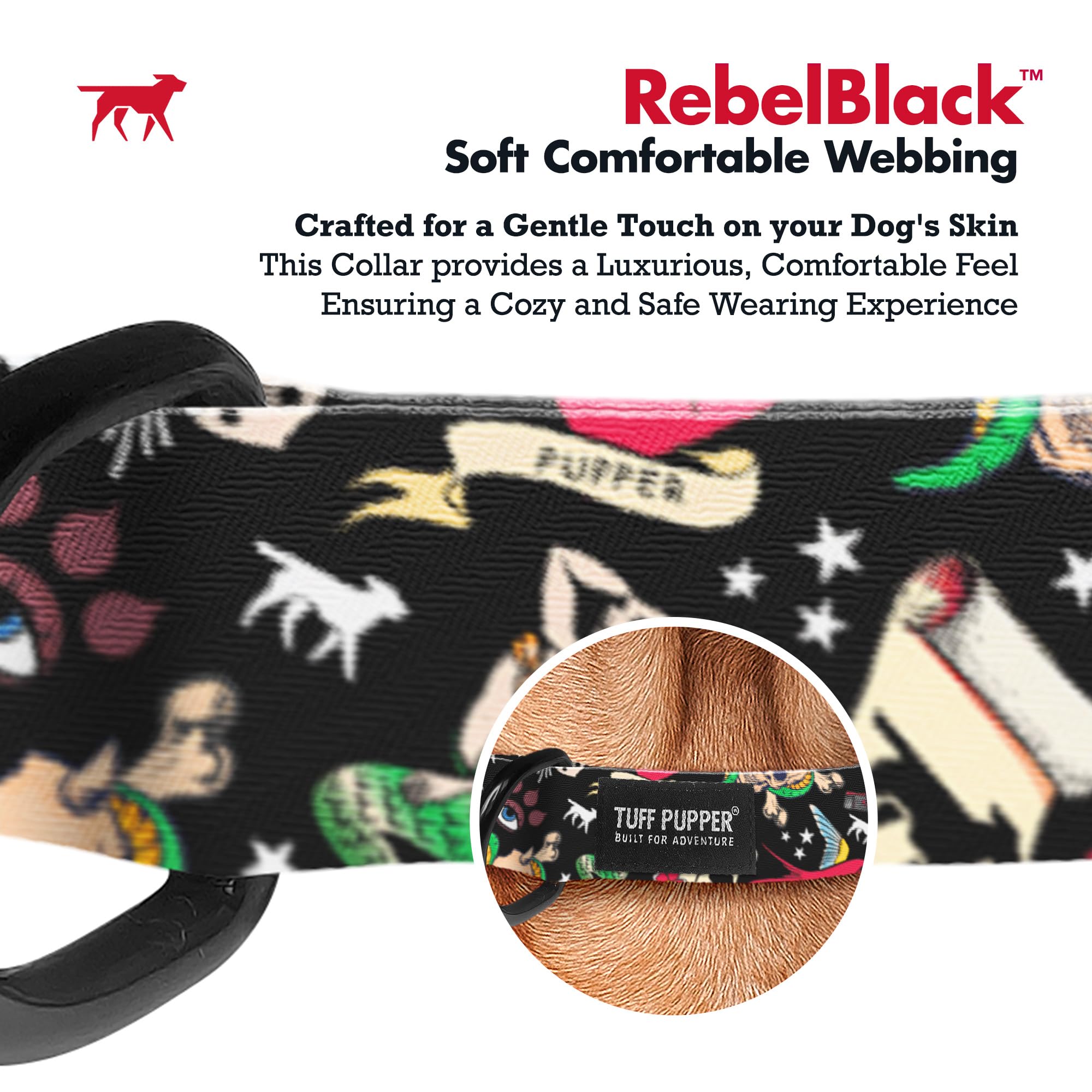 Tuff Pupper Premium Adjustable Dog Collar for Medium Dogs, Stylish Pattern Collars Designed in USA, Quick Release Buckle, RebelB