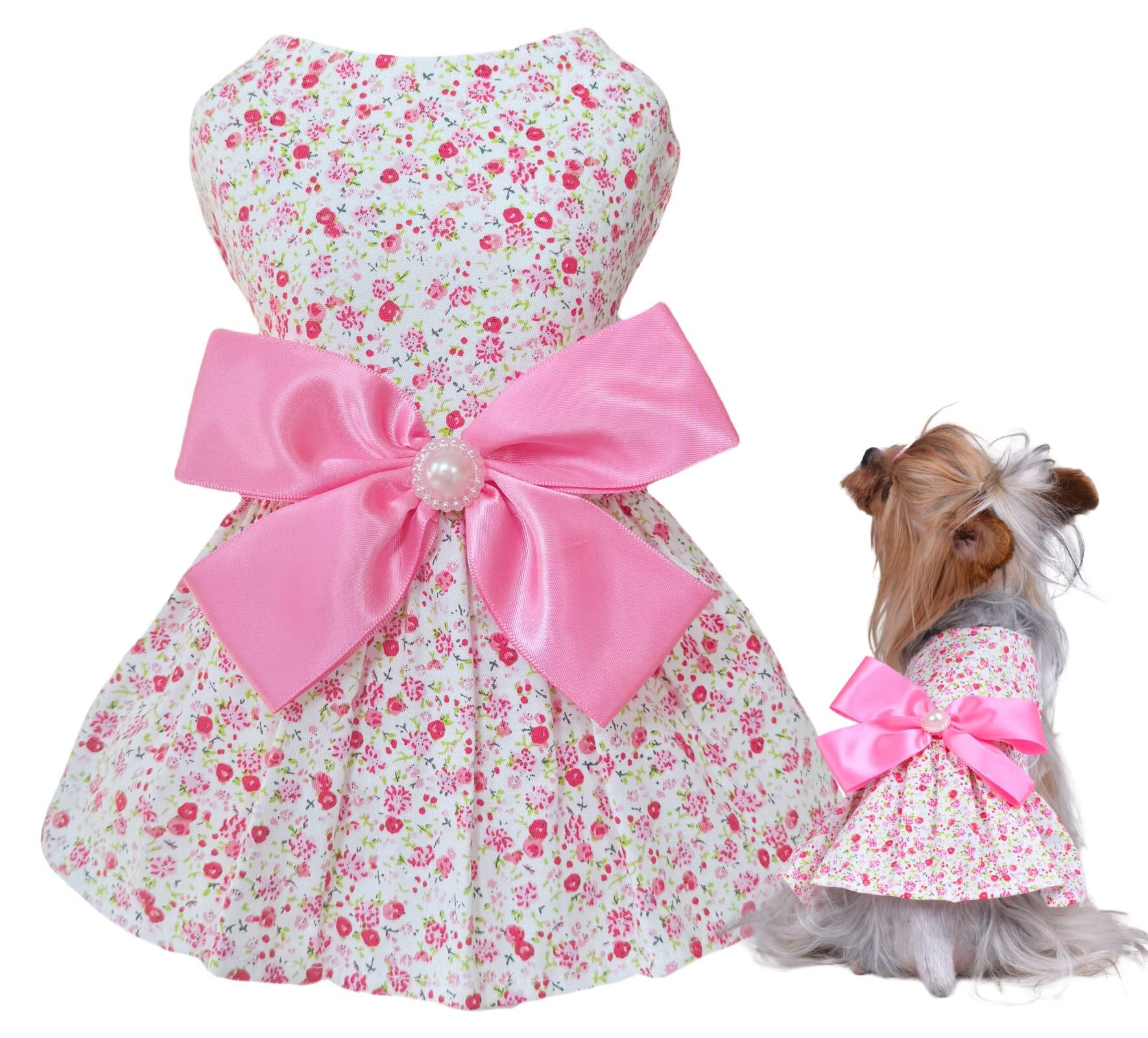Msnfoasm Floral Print Dog Dress With Satin Bow And Pearl For Small Dogs Girl, Cat Apparel,Pink, Medium