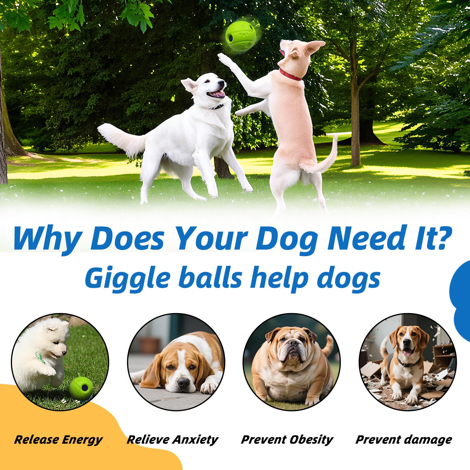 SHAKE AND LAUGH Dog Toys Ball, Interactive Dog Ball, No Paint, Gibbering Sound with Surface Concave Lines, L, 3.94 in (10 cm)