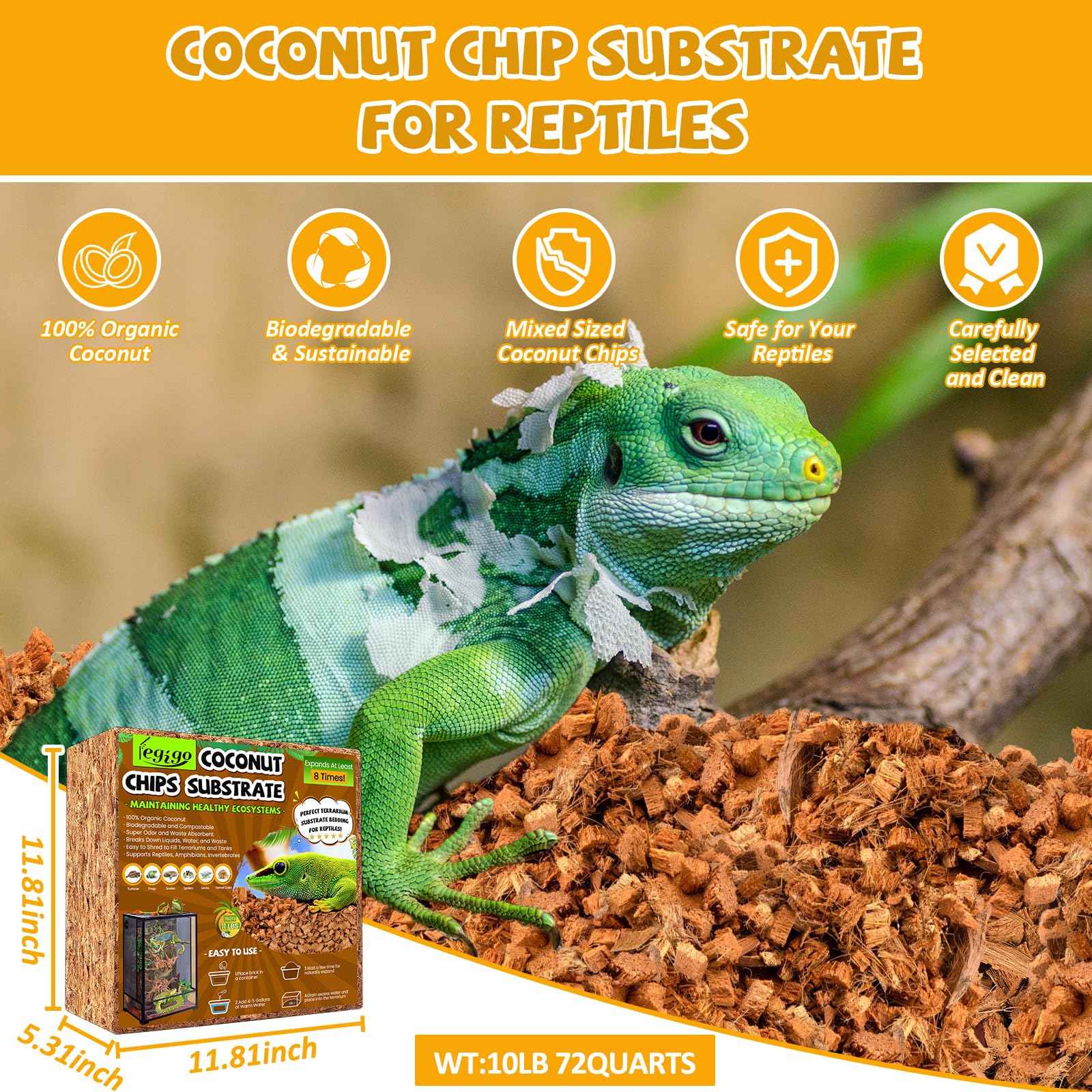 Legigo Coconut Chip Substrate for Reptiles, 10LBS Compressed Coco Husk Bedding, Ideal for Snakes, Tortoises, Geckos, and Lizards