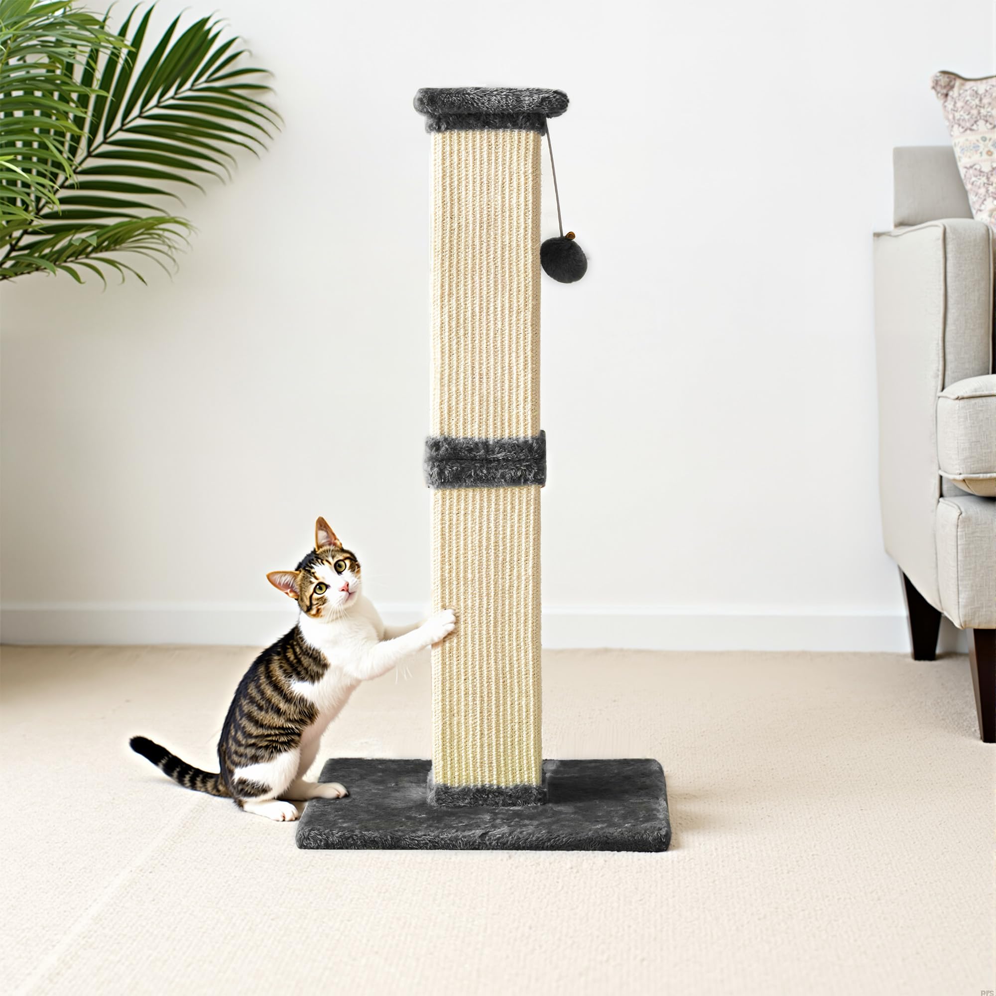 Fansafurn Cat Scratching Post with Hanging Toy Ball, 32-Inch Tall Sisal Cat Scratcher for Indoor Cats, Grey