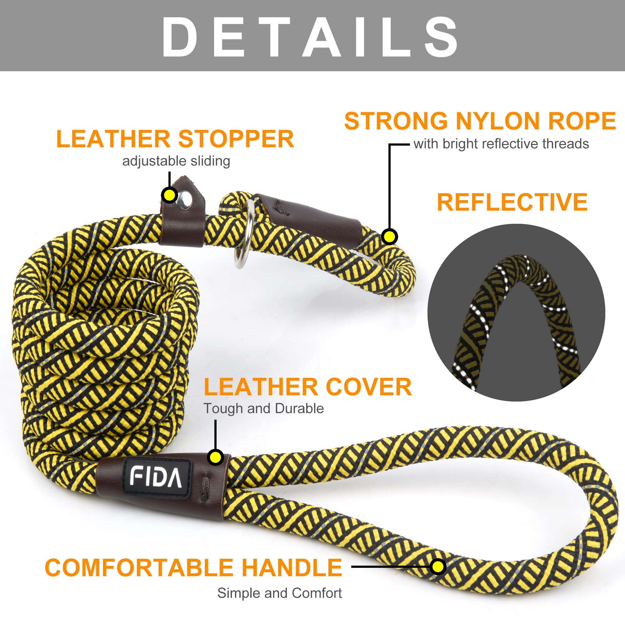 Fida Durable Slip Lead Dog Leash, 6 FT x 3/8", Heavy Duty, Reflective, Yellow, Comfortable for Small Dogs and Puppies