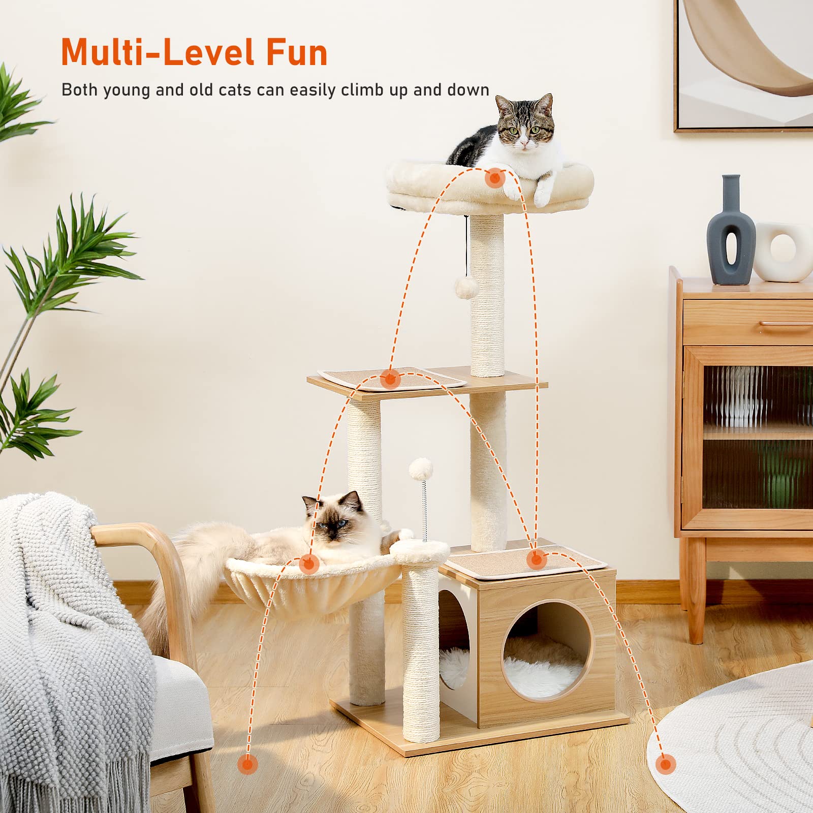 PEQULTI Cat Tree - Modern Indoor Multi-Level Tower with Condo, Hammock, Scratching Post - 43" Wooden Beige - Model AM52-AMT0106BG