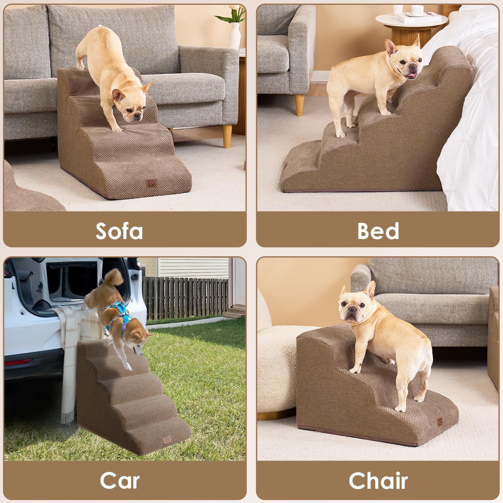 EHEYCIGA Curved Dog Stairs Ramp - 5-Step Pet Steps for High Beds, Non-Slip, Camel Color, Model ECUS23PPT10FB25FI
